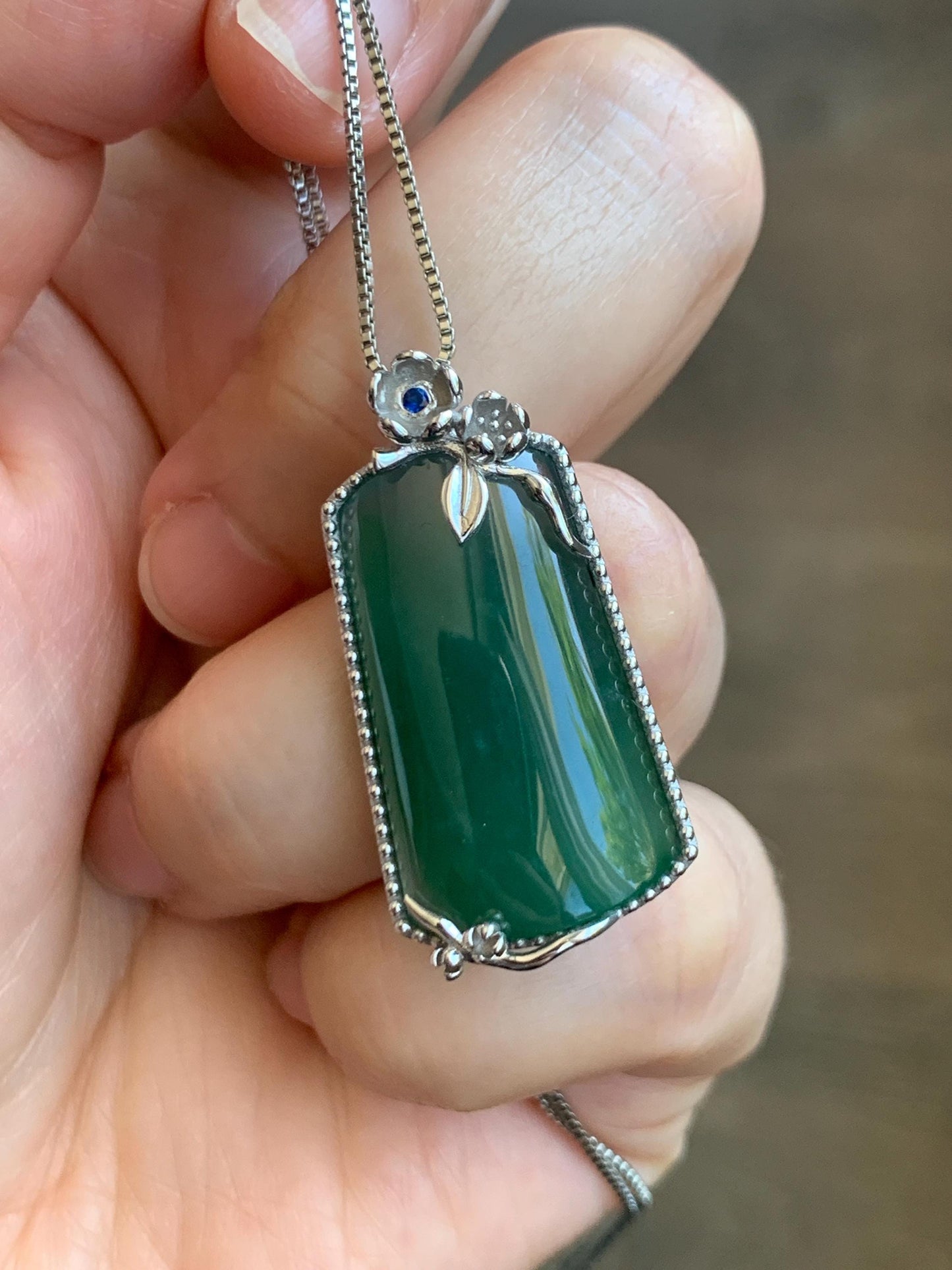 Certified Natural Grade A Guatemalan Icy Translucent Deep Teal Green Jade Jadeite Wu Shi Pai Pendant Sterling Silver 天然冰危深绿翡翠银镶无事牌吊坠 9459