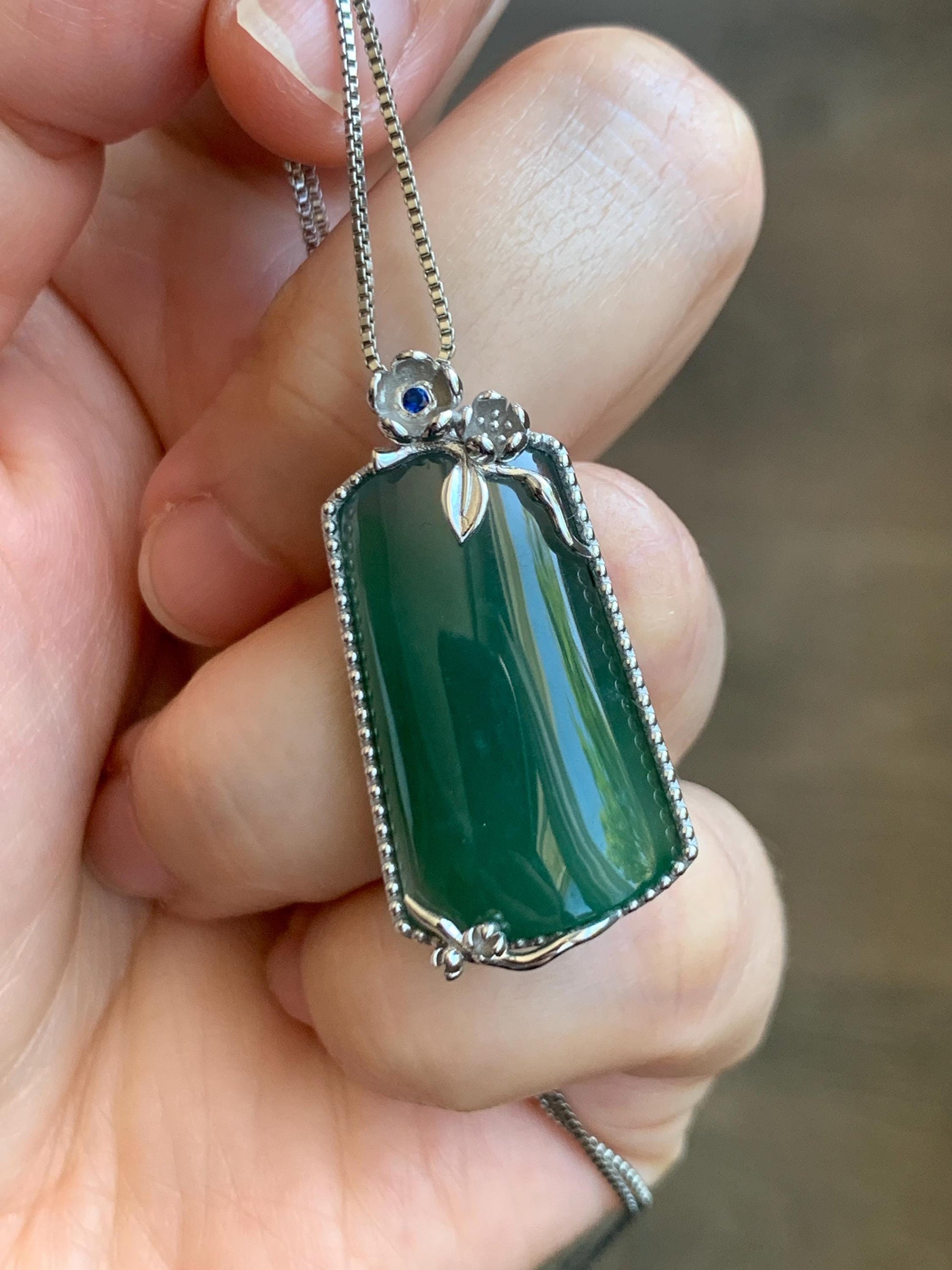 Certified Natural Grade A Guatemalan Icy Translucent Deep Teal Green Jade Jadeite Wu Shi Pai Pendant Sterling Silver 天然冰危深绿翡翠银镶无事牌吊坠 9459
