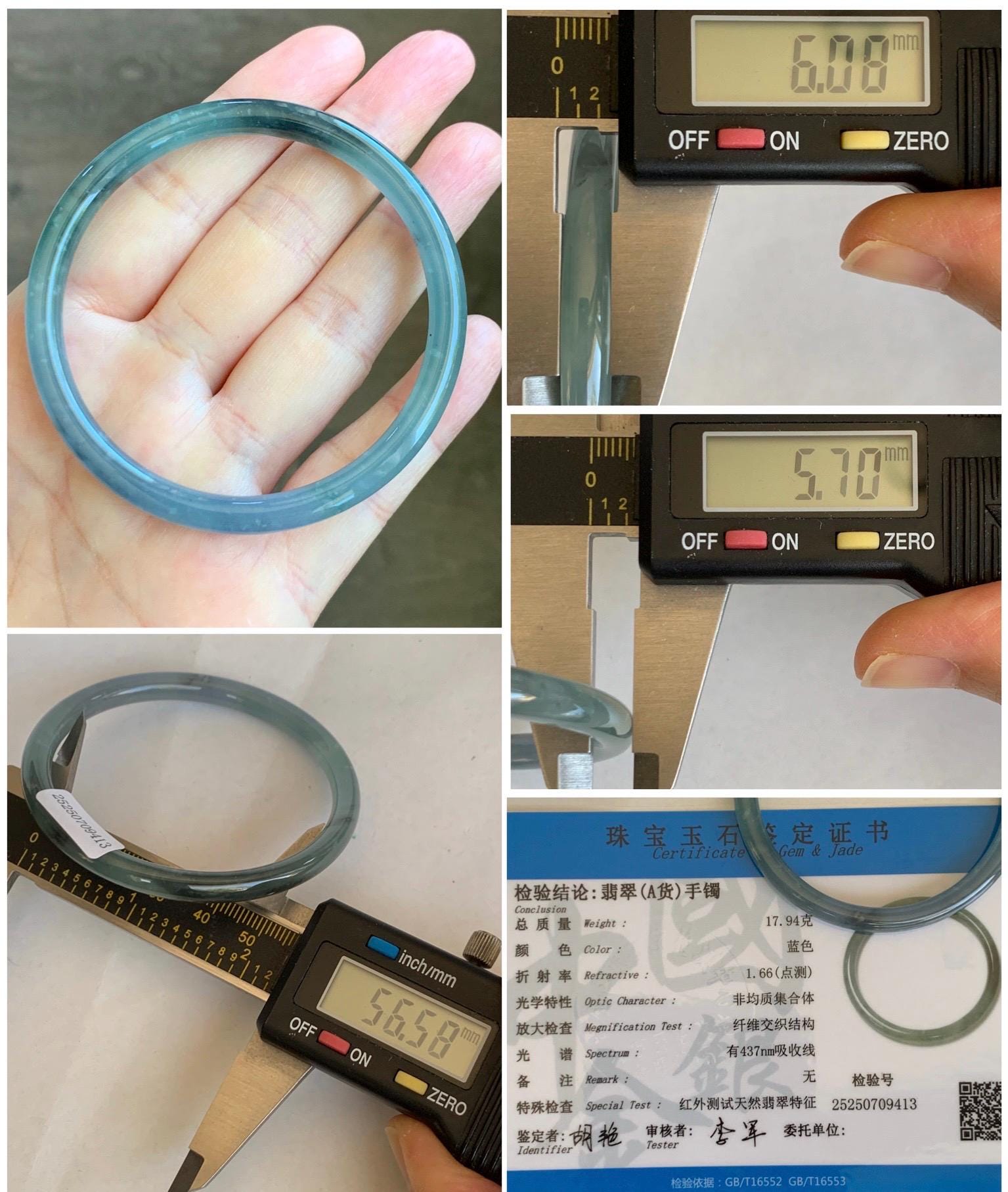 Certified Natural Grade A Guatemalan Icy Translucent Dusty Blue Wuji & Purple Marbled Jadeite Bangle Bracelet 56.5mm 7” 天然冰危蓝紫乌鸡细圆条翡翠手镯 9413