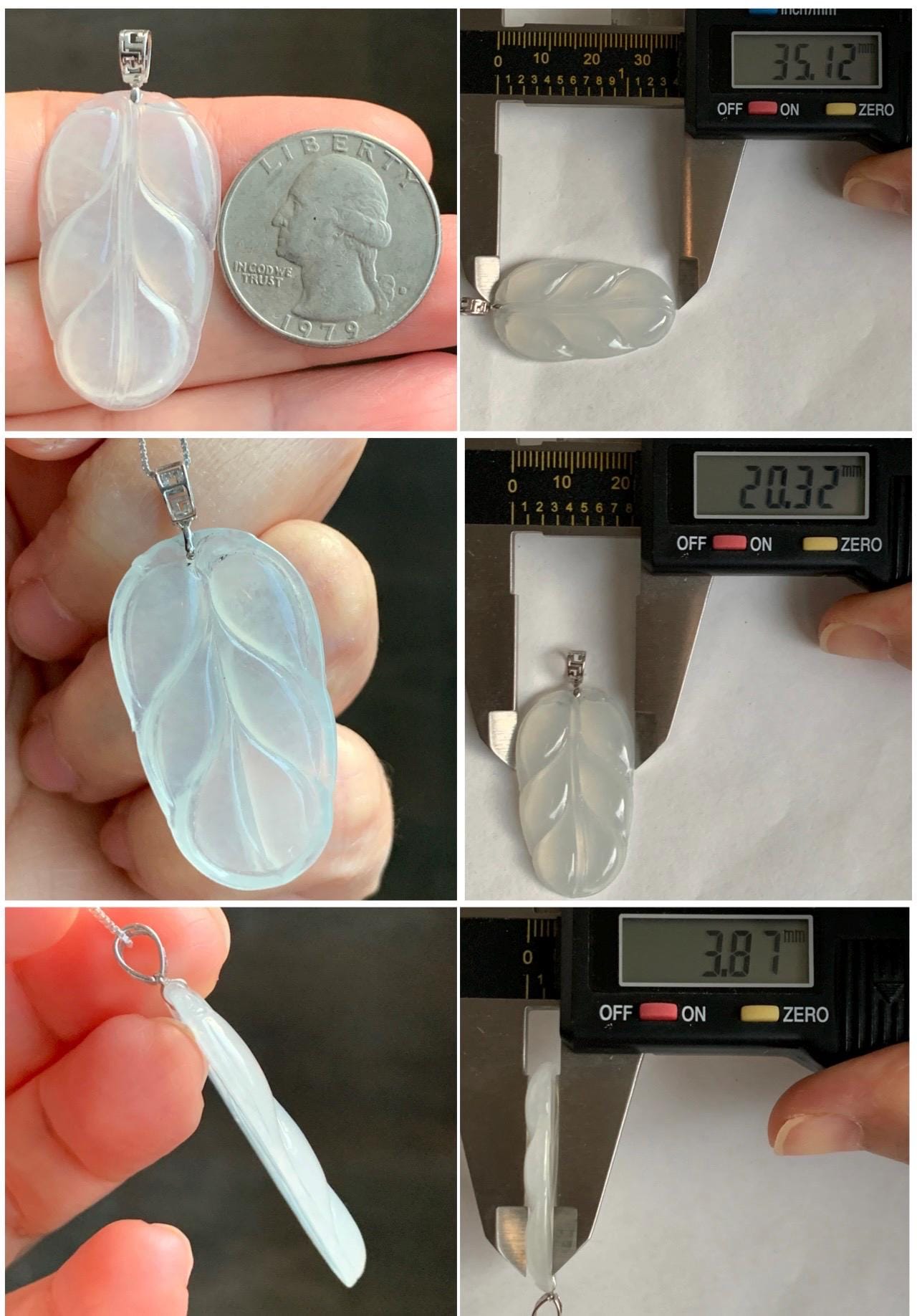 Natural Grade A Icy Highly Translucent White Jade Jadeite Carved Leaf Large Pendant 18K White Gold 5g 天然白冰起光翡翠大叶有成镶嵌吊坠 MBB550B