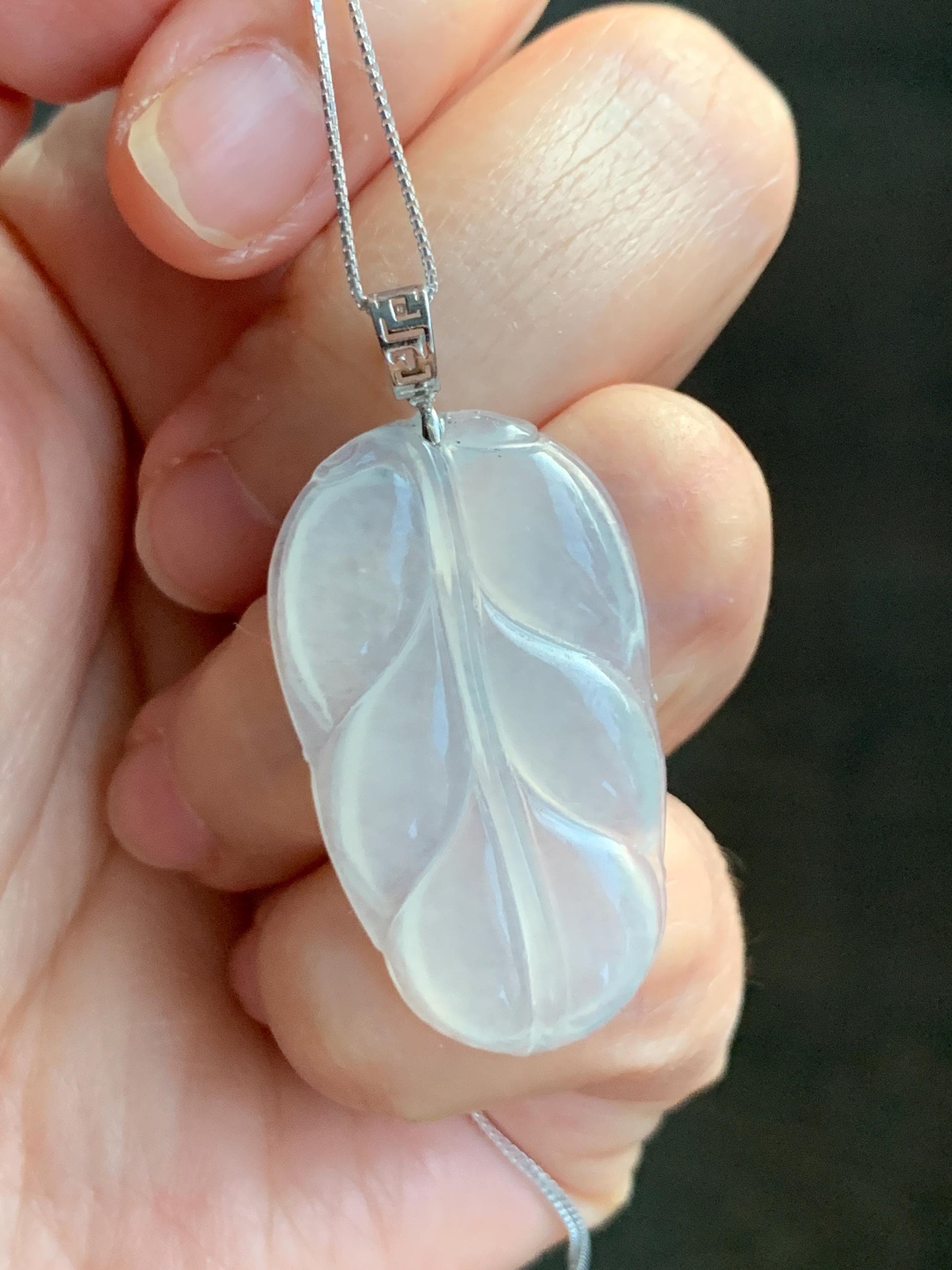 Natural Grade A Icy Highly Translucent White Jade Jadeite Carved Leaf Large Pendant 18K White Gold 5g 天然白冰起光翡翠大叶有成镶嵌吊坠 MBB550B