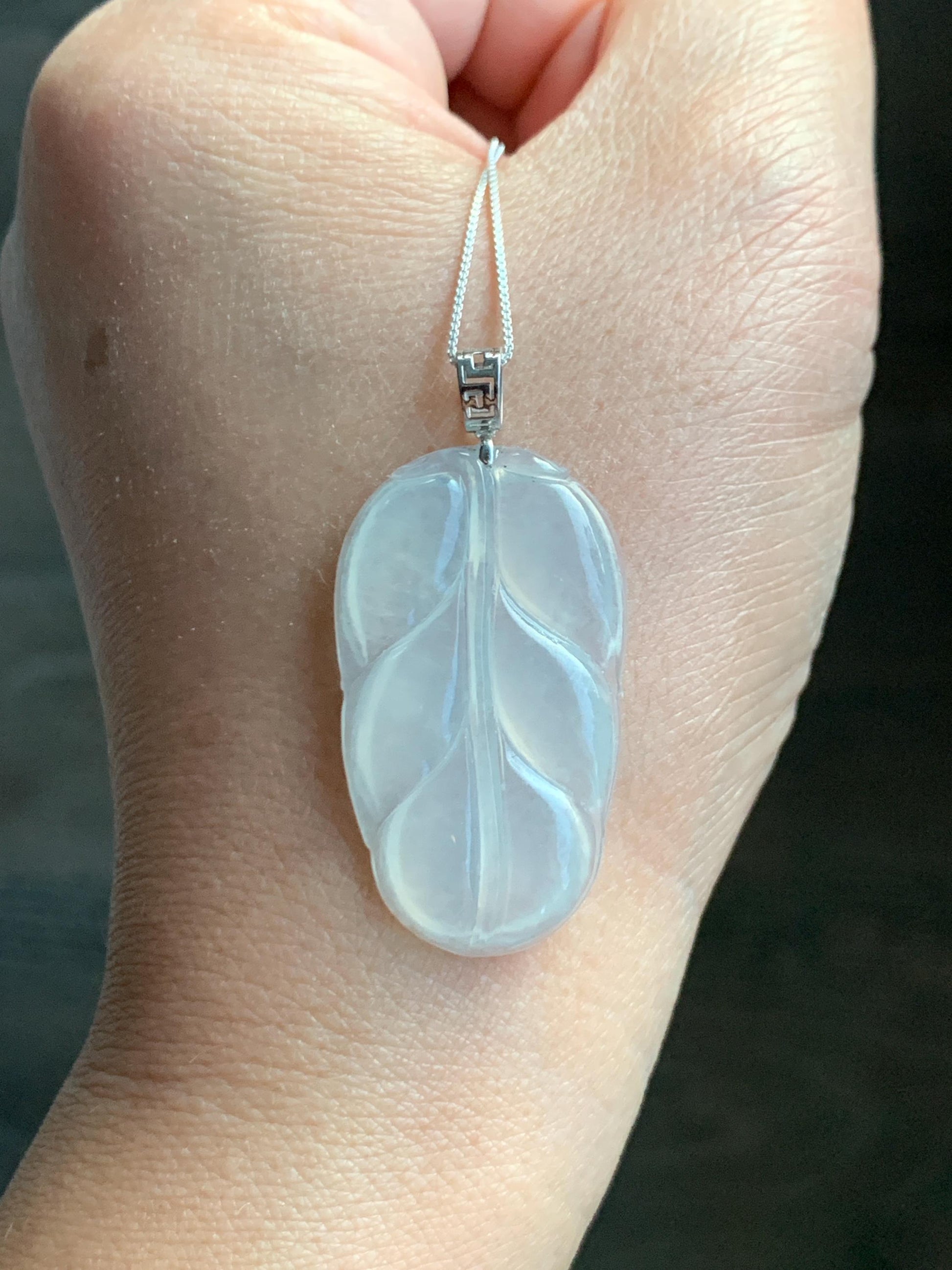 Natural Grade A Icy Highly Translucent White Jade Jadeite Carved Leaf Large Pendant 18K White Gold 5g 天然白冰起光翡翠大叶有成镶嵌吊坠 MBB550B