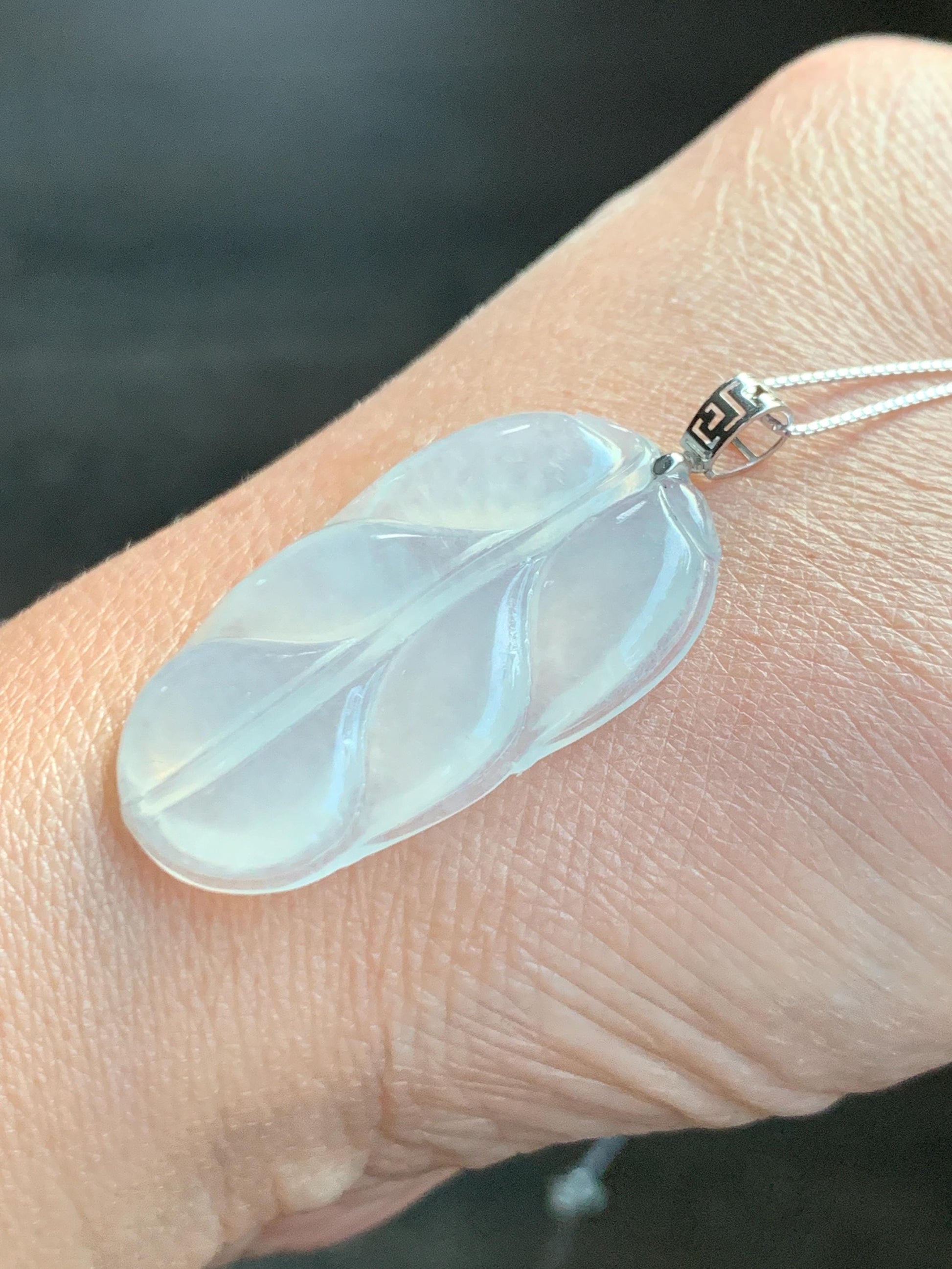 Natural Grade A Icy Highly Translucent White Jade Jadeite Carved Leaf Large Pendant 18K White Gold 5g 天然白冰起光翡翠大叶有成镶嵌吊坠 MBB550B