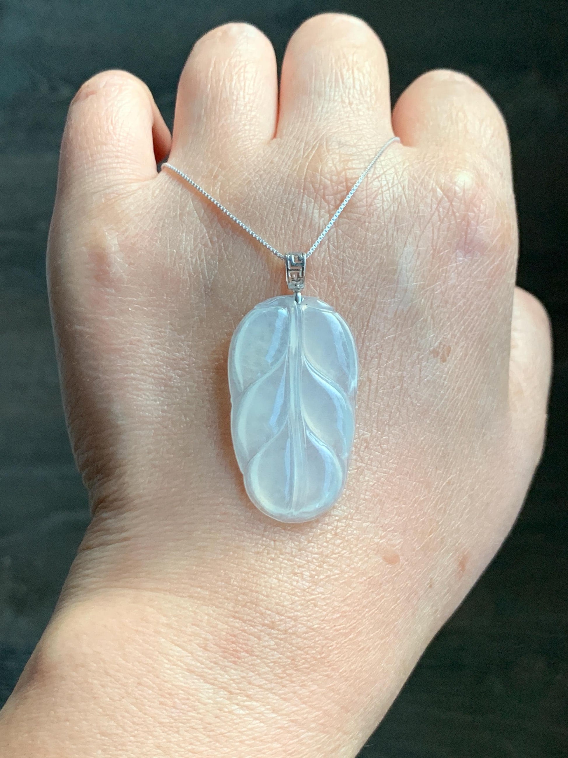 Natural Grade A Icy Highly Translucent White Jade Jadeite Carved Leaf Large Pendant 18K White Gold 5g 天然白冰起光翡翠大叶有成镶嵌吊坠 MBB550B