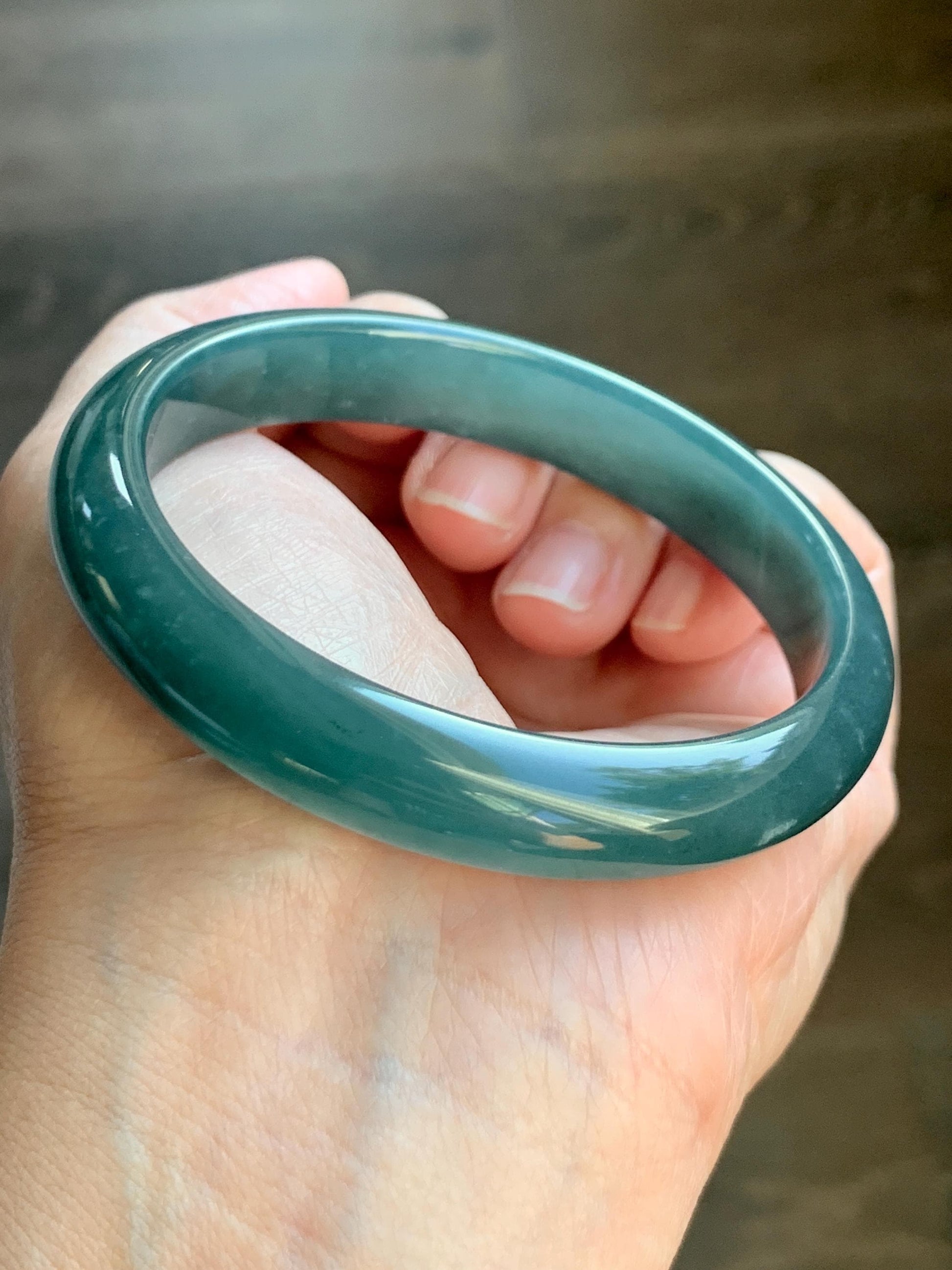 Certified Natural Grade A Guatemalan Translucent Dark Teal Blue Jade Jadeite Wide Bangle Bracelet 59.3mm 44g 7.25" 天然危蓝糯冰翡翠正圈手镯 9412