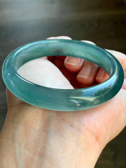 Certified Natural Guatemalan Icy Highly Translucent Deep Teal Blue Jade Jadeite Wide Bangle Bracelet 58.2mm 50.97g 7.2" 天然冰胶危蓝翡翠正圈手镯 9414