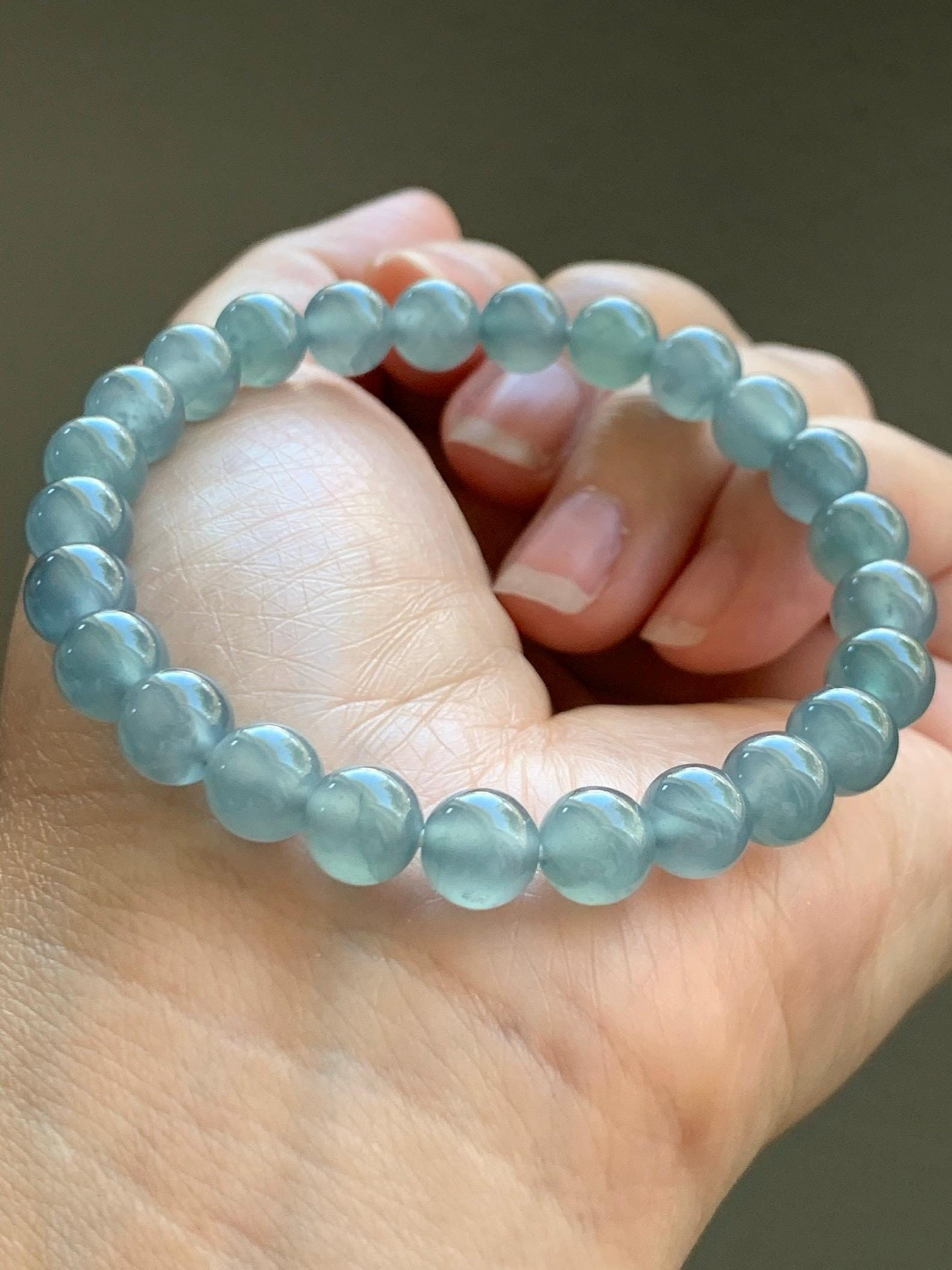Natural Grade A Guatemalan Icy Highly Translucent Light Teal Blue Jadeite Beaded Bracelet 7.8mm 7.25” 20g 天然冰危浅蓝水翡翠手串 QWL450A