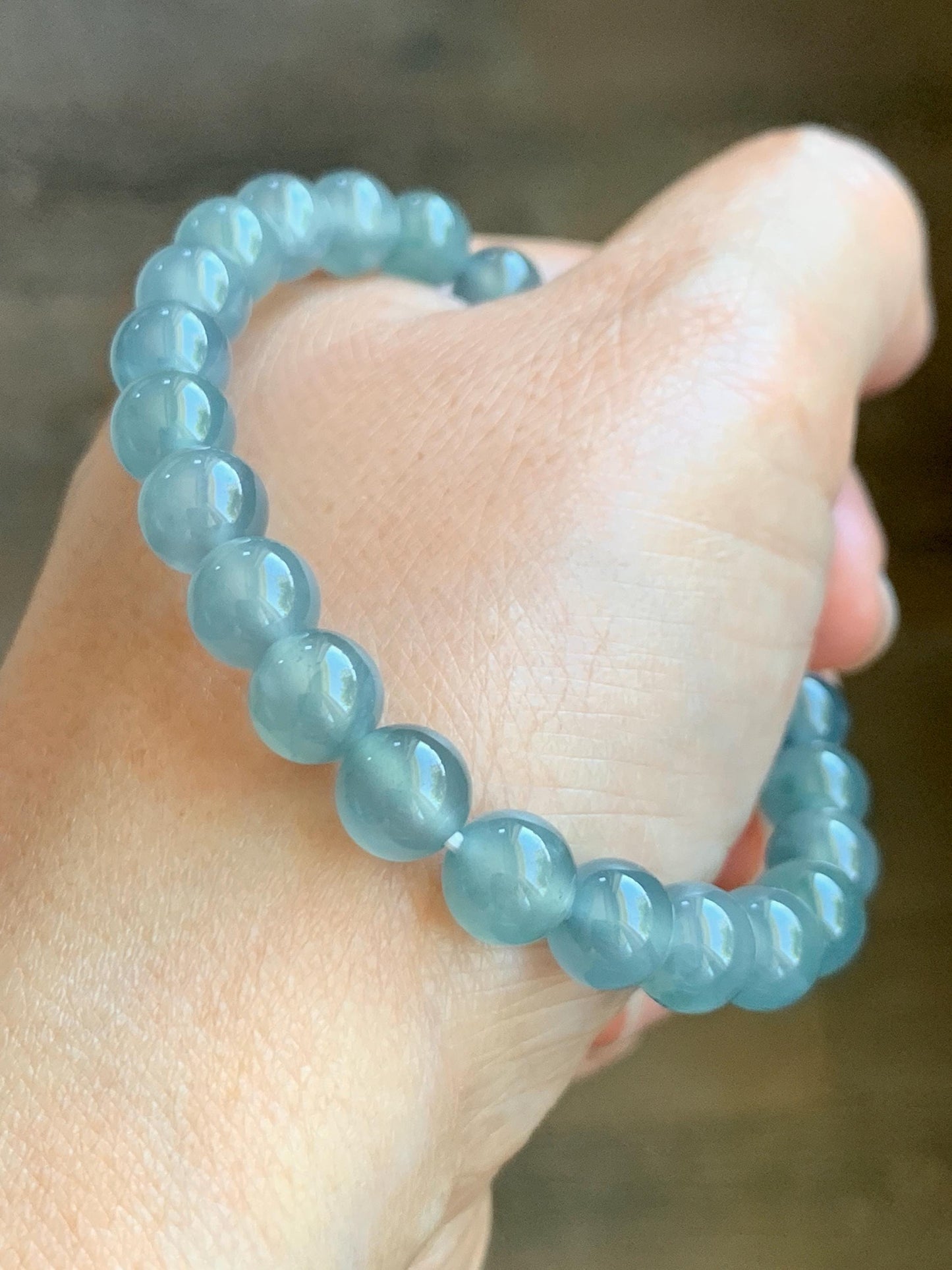 Natural Grade A Guatemalan Icy Highly Translucent Light Teal Blue Jadeite Beaded Bracelet 7.8mm 7.25” 20g 天然冰危浅蓝水翡翠手串 QWL450A