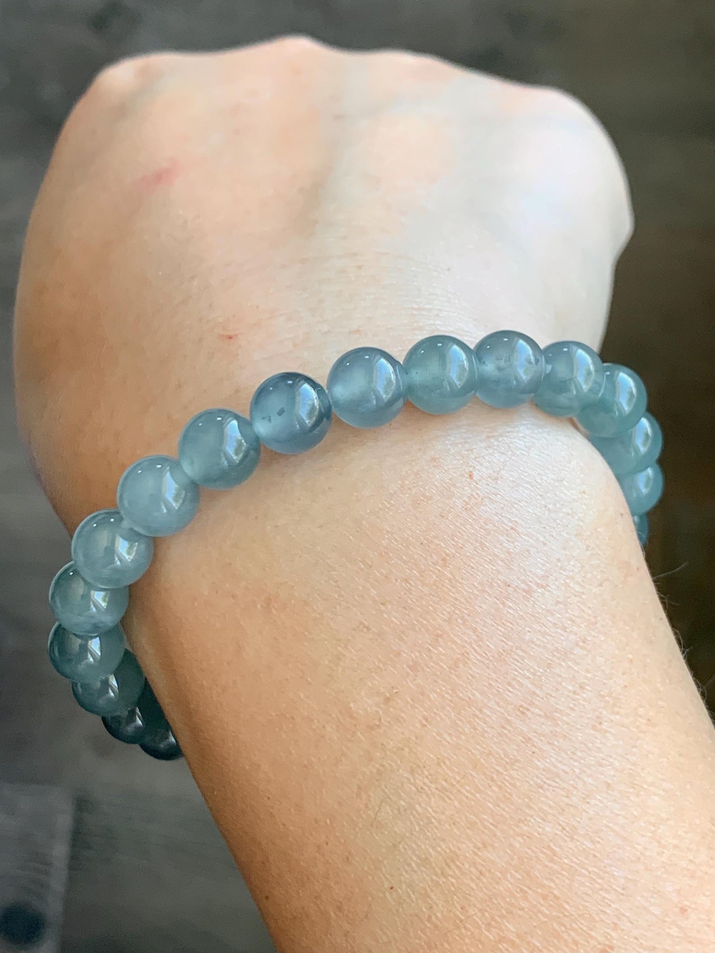 Natural Grade A Guatemalan Icy Highly Translucent Light Teal Blue Jadeite Beaded Bracelet 7.8mm 7.25” 20g 天然冰危浅蓝水翡翠手串 QWL450A