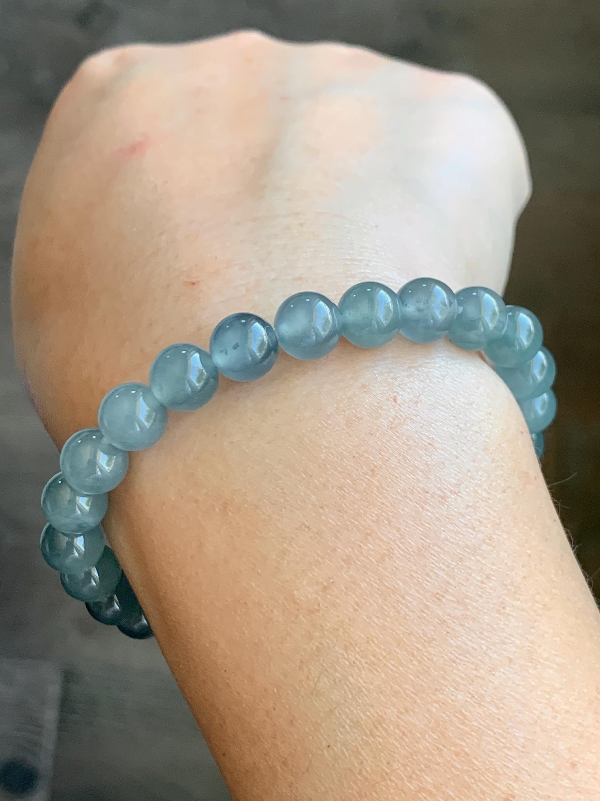 Natural Grade A Guatemalan Icy Highly Translucent Light Teal Blue Jadeite Beaded Bracelet 7.8mm 7.25” 20g 天然冰危浅蓝水翡翠手串 QWL450A