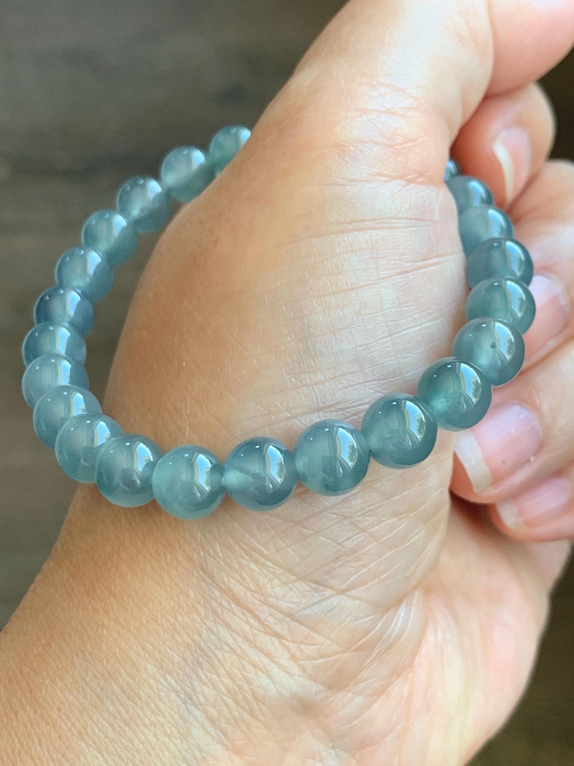 Natural Grade A Guatemalan Icy Highly Translucent Light Teal Blue Jadeite Beaded Bracelet 7.8mm 7.25” 20g 天然冰危浅蓝水翡翠手串 QWL450A