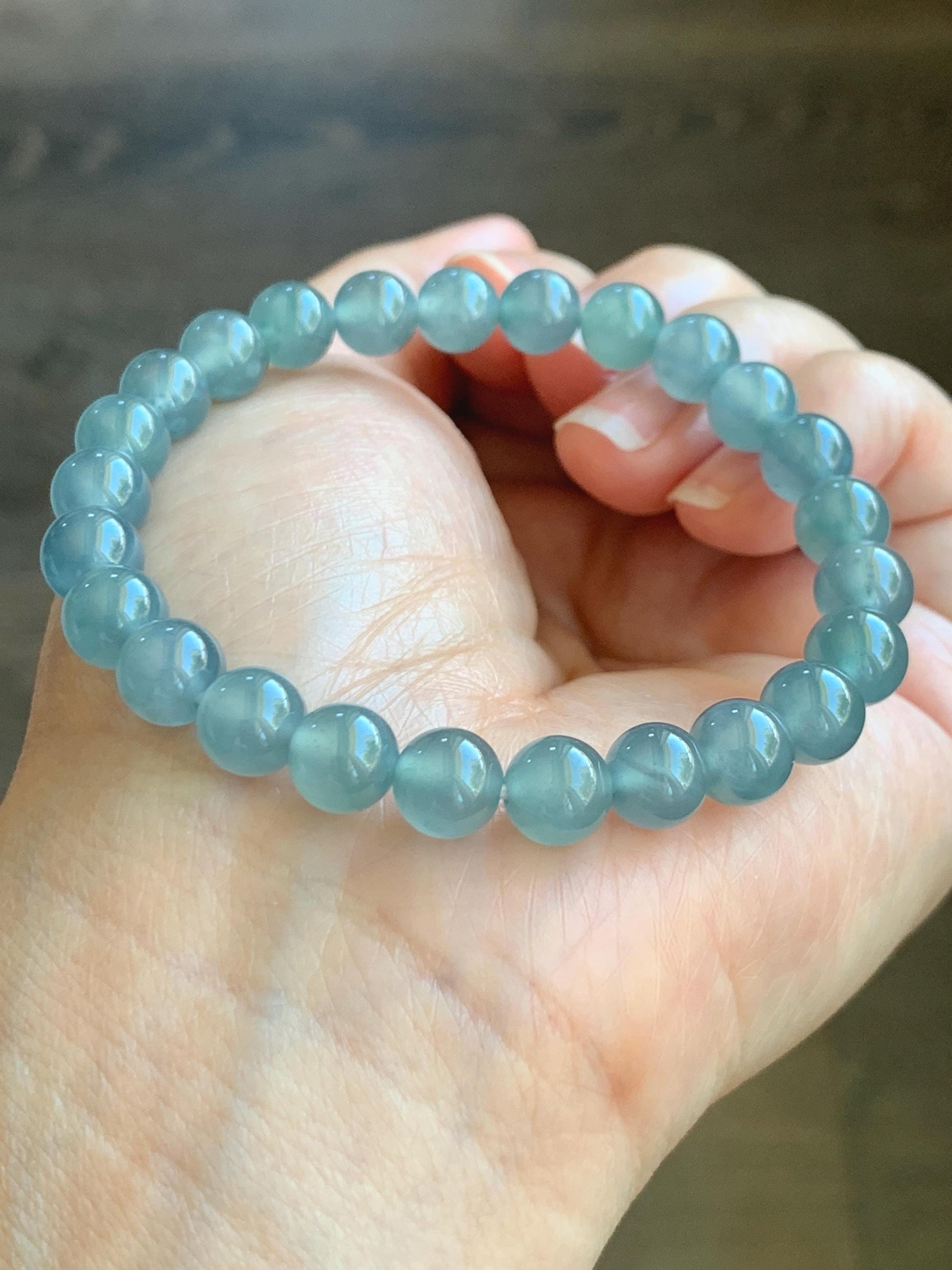 Natural Grade A Guatemalan Icy Highly Translucent Light Teal Blue Jadeite Beaded Bracelet 7.8mm 7.25” 20g 天然冰危浅蓝水翡翠手串 QWL450A