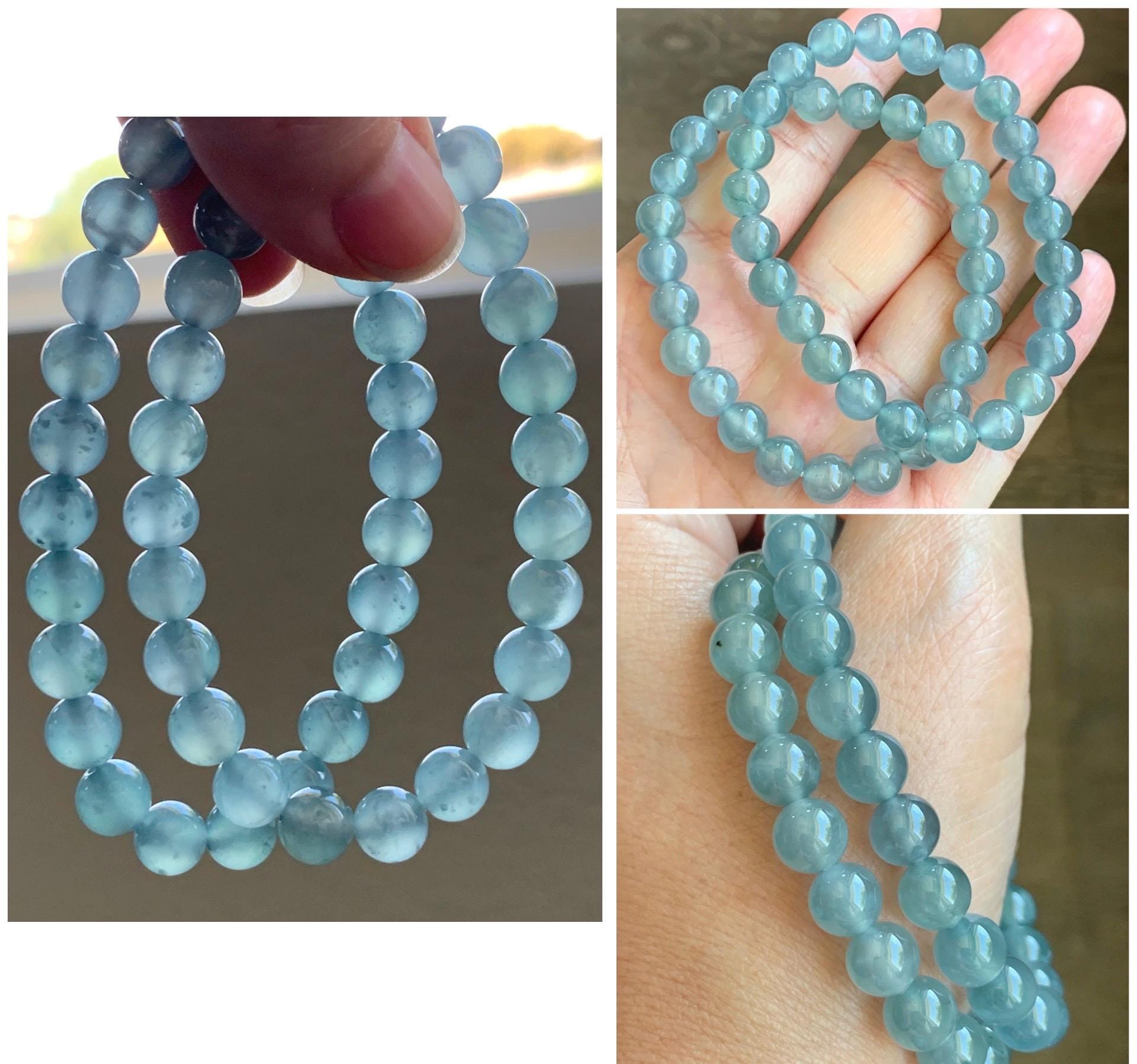 Natural Grade A Guatemalan Icy Highly Translucent Light Teal Blue Jadeite Beaded Bracelet 7.8mm 6.75” 19g 天然冰危浅蓝水翡翠手串 QWL450B