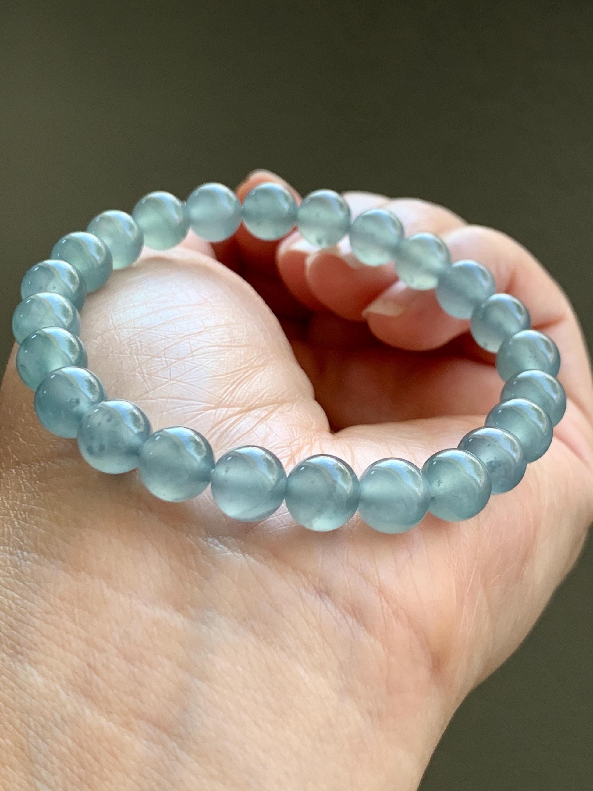 Natural Grade A Guatemalan Icy Highly Translucent Light Teal Blue Jadeite Beaded Bracelet 7.8mm 6.75” 19g 天然冰危浅蓝水翡翠手串 QWL450B