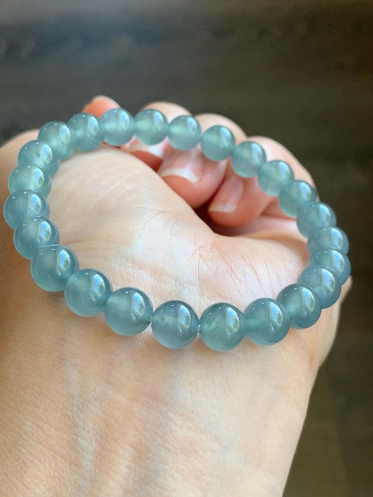 Natural Grade A Guatemalan Icy Highly Translucent Light Teal Blue Jadeite Beaded Bracelet 7.8mm 6.75” 19g 天然冰危浅蓝水翡翠手串 QWL450B