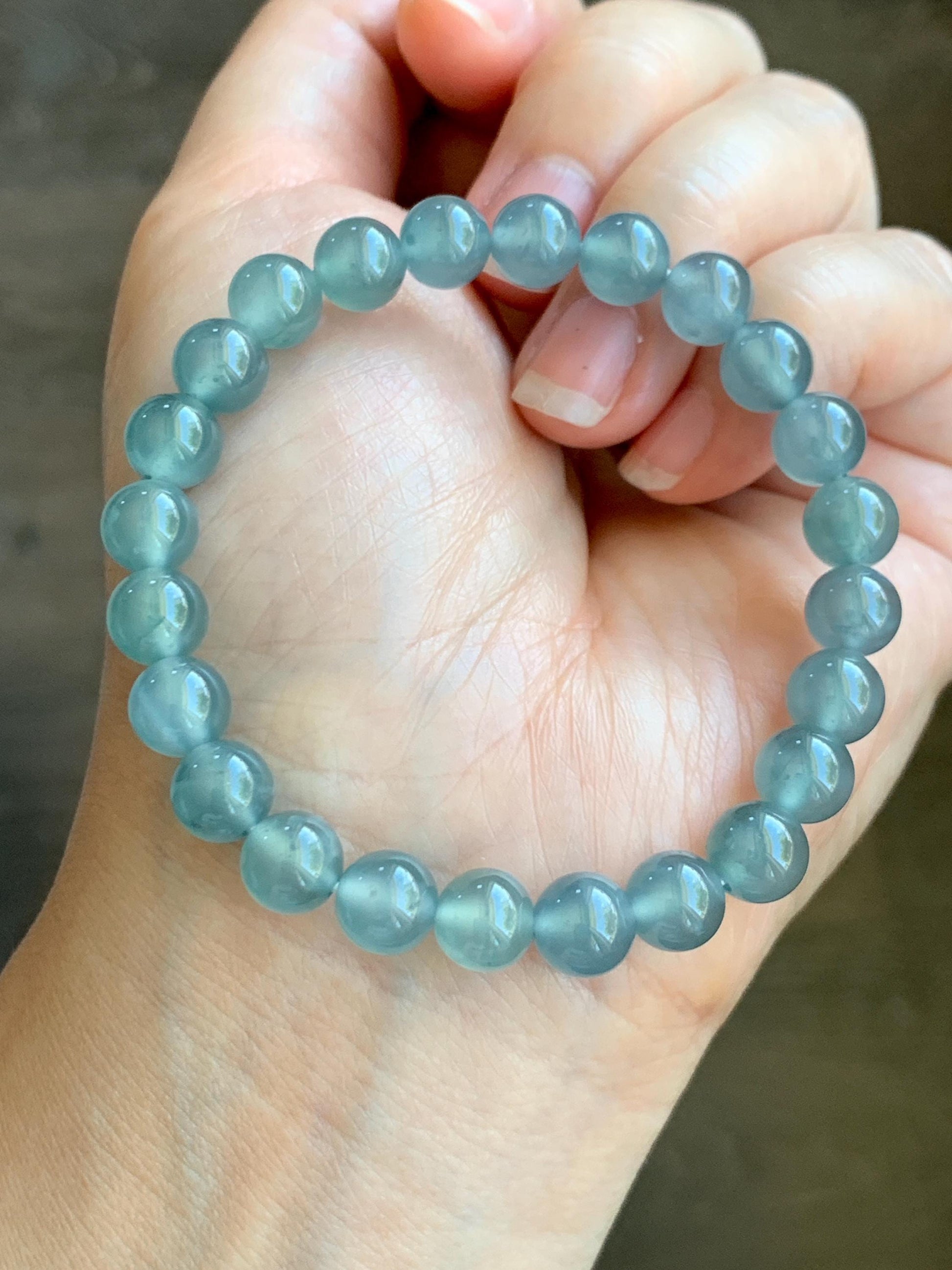 Natural Grade A Guatemalan Icy Highly Translucent Light Teal Blue Jadeite Beaded Bracelet 7.8mm 6.75” 19g 天然冰危浅蓝水翡翠手串 QWL450B