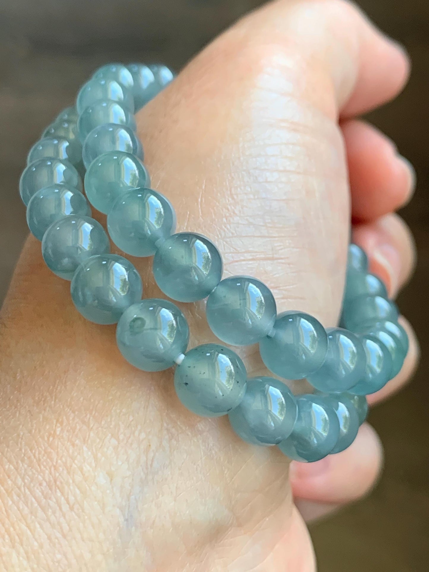 Natural Grade A Guatemalan Icy Highly Translucent Light Teal Blue Jadeite Beaded Bracelet 7.8mm 6.75” 19g 天然冰危浅蓝水翡翠手串 QWL450B