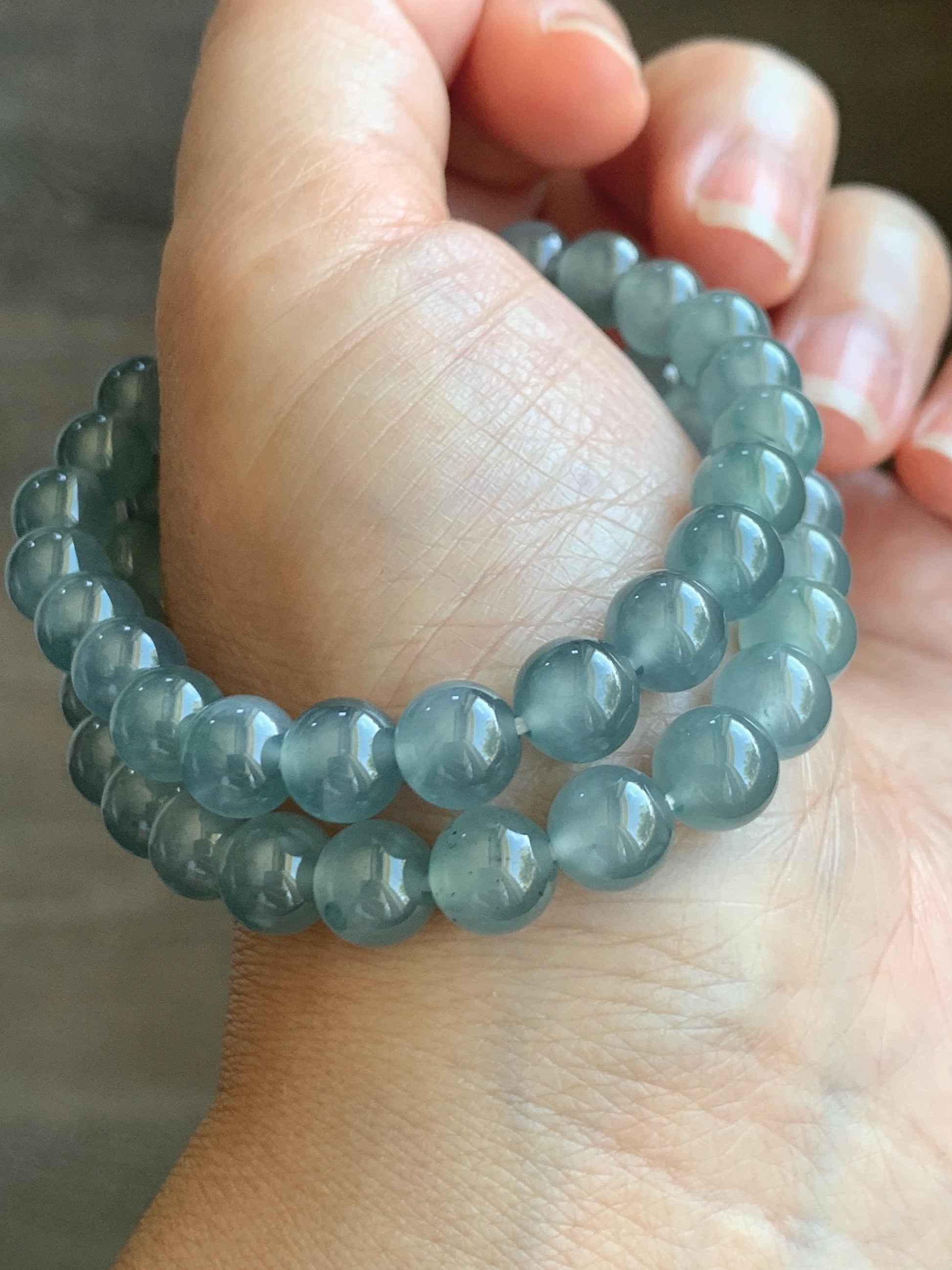 Natural Grade A Guatemalan Icy Highly Translucent Light Teal Blue Jadeite Beaded Bracelet 7.8mm 6.75” 19g 天然冰危浅蓝水翡翠手串 QWL450B