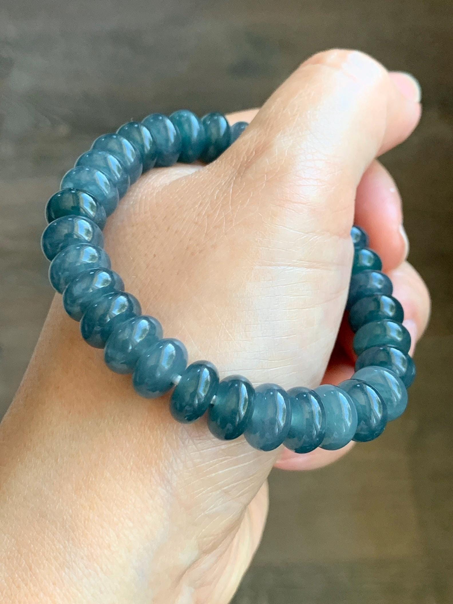 Natural Grade A Guatemalan Icy Translucent Dark Dusty Blue Jade Jadeite Drum Beads Beaded Bracelet Stretchy 7.25” 36g 天然冰危蓝水翡翠鼓珠手串 WNZ305A