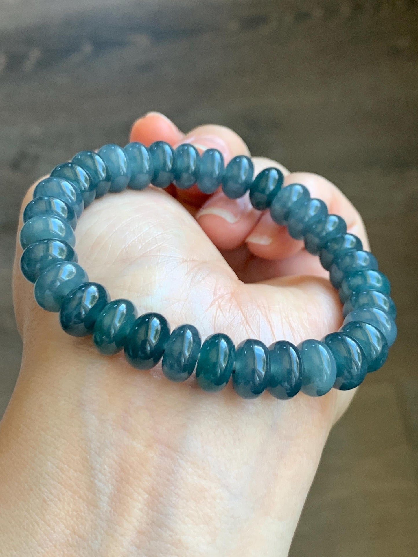Natural Grade A Guatemalan Icy Translucent Dark Dusty Blue Jade Jadeite Drum Beads Beaded Bracelet Stretchy 7.25” 36g 天然冰危蓝水翡翠鼓珠手串 WNZ305A