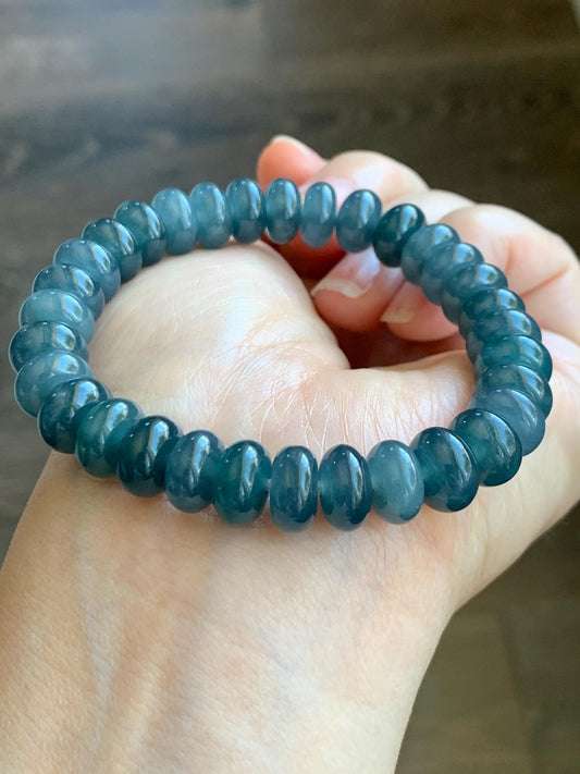 Natural Grade A Guatemalan Icy Translucent Dark Dusty Blue Jade Jadeite Drum Beads Beaded Bracelet Stretchy 7.25” 36g 天然冰危蓝水翡翠鼓珠手串 WNZ305A