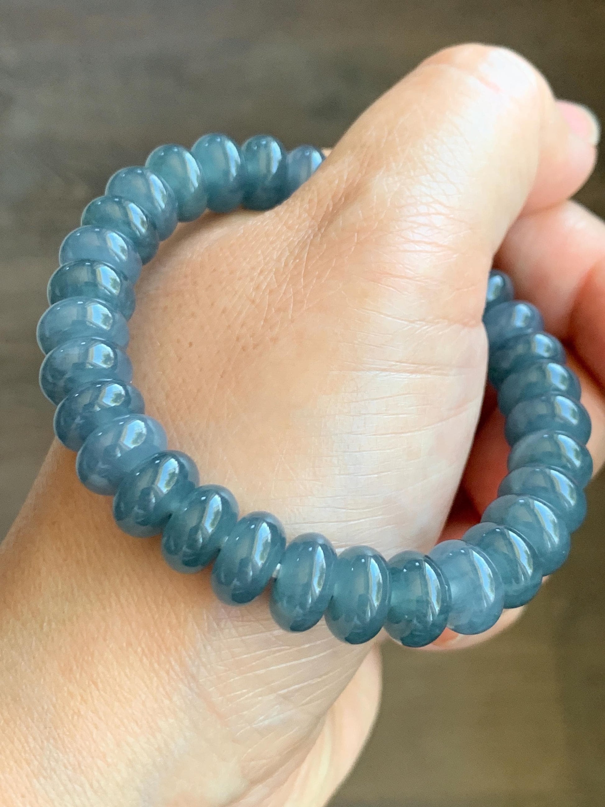 Natural Grade A Guatemalan Icy Translucent Dark Dusty Blue Jade Jadeite Drum Beads Beaded Bracelet Stretchy 7” 35g 天然冰危蓝水翡翠鼓珠手串 WNZ305B