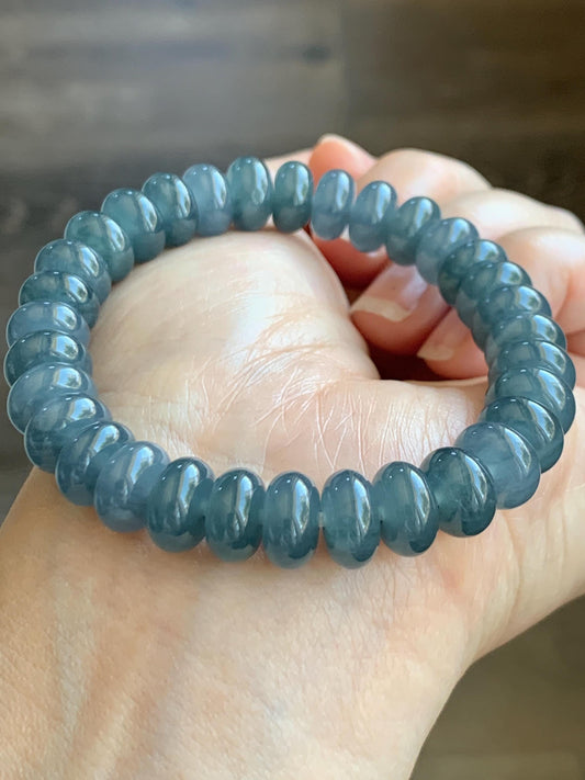 Natural Grade A Guatemalan Icy Translucent Dark Dusty Blue Jade Jadeite Drum Beads Beaded Bracelet Stretchy 7” 35g 天然冰危蓝水翡翠鼓珠手串 WNZ305B