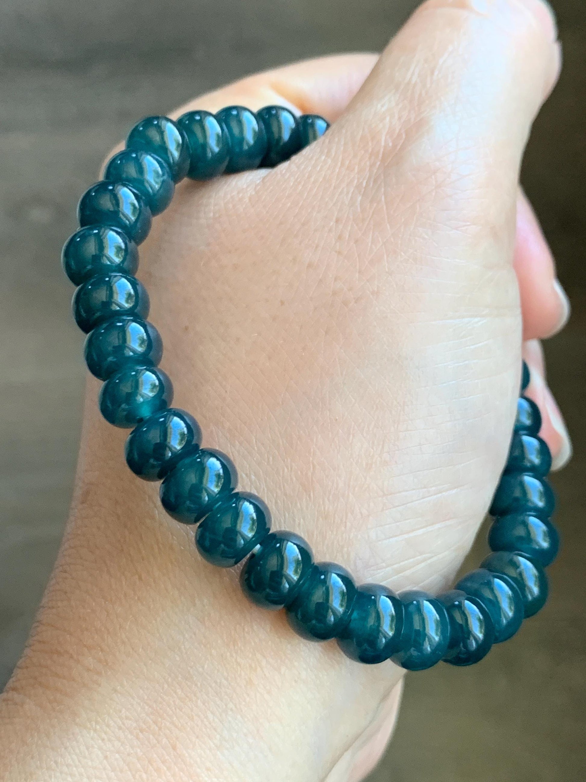 Natural Grade A Guatemalan Icy Translucent Dark Aegean Blue Jade Jadeite Flat Beads Beaded Bracelet Stretchy 7.25” 天然冰危蓝深牛仔蓝翡翠算盘珠手串 SWLP150