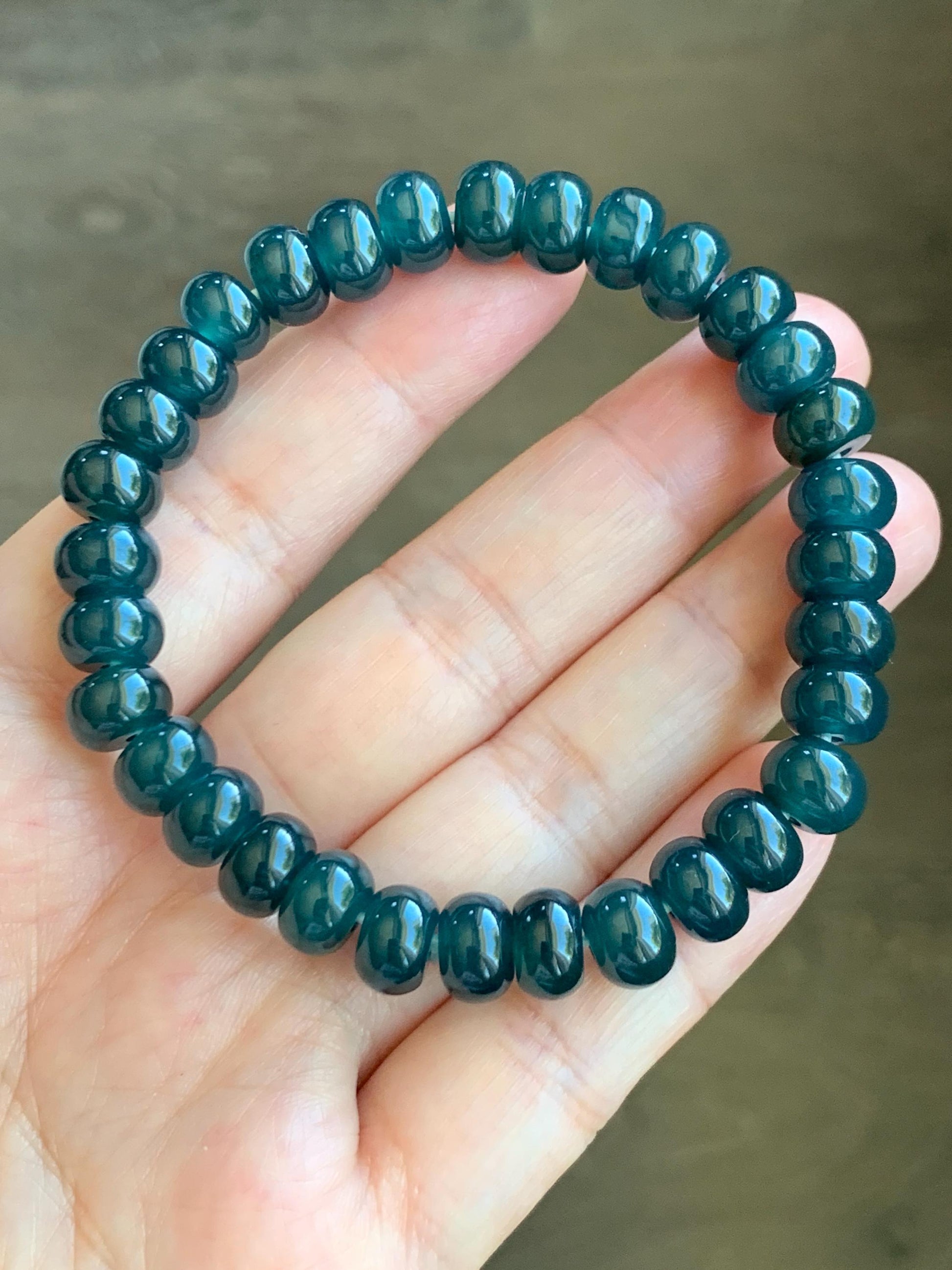 Natural Grade A Guatemalan Icy Translucent Dark Aegean Blue Jade Jadeite Flat Beads Beaded Bracelet Stretchy 7.25” 天然冰危蓝深牛仔蓝翡翠算盘珠手串 SWLP150