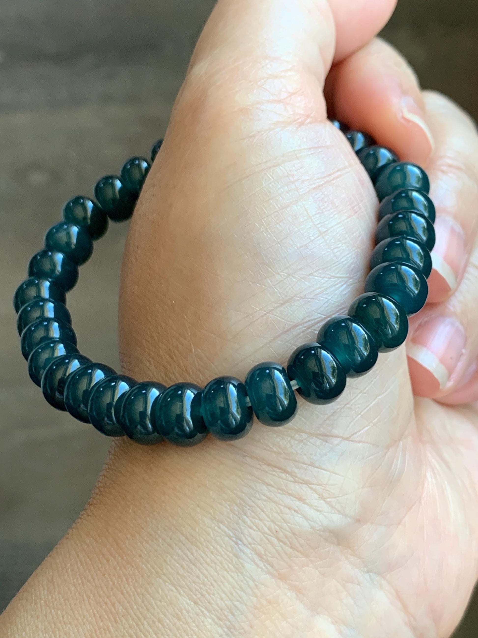 Natural Grade A Guatemalan Icy Translucent Dark Aegean Blue Jade Jadeite Flat Beads Beaded Bracelet Stretchy 7.25” 天然冰危蓝深牛仔蓝翡翠算盘珠手串 SWLP150