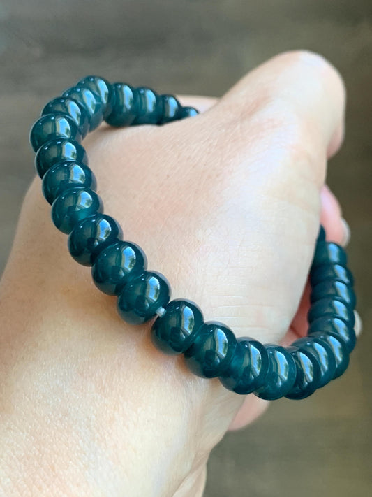 Natural Grade A Guatemalan Icy Translucent Dark Aegean Blue Jade Jadeite Flat Beads Beaded Bracelet Stretchy 7.25” 天然冰危蓝深牛仔蓝翡翠算盘珠手串 SWLP150
