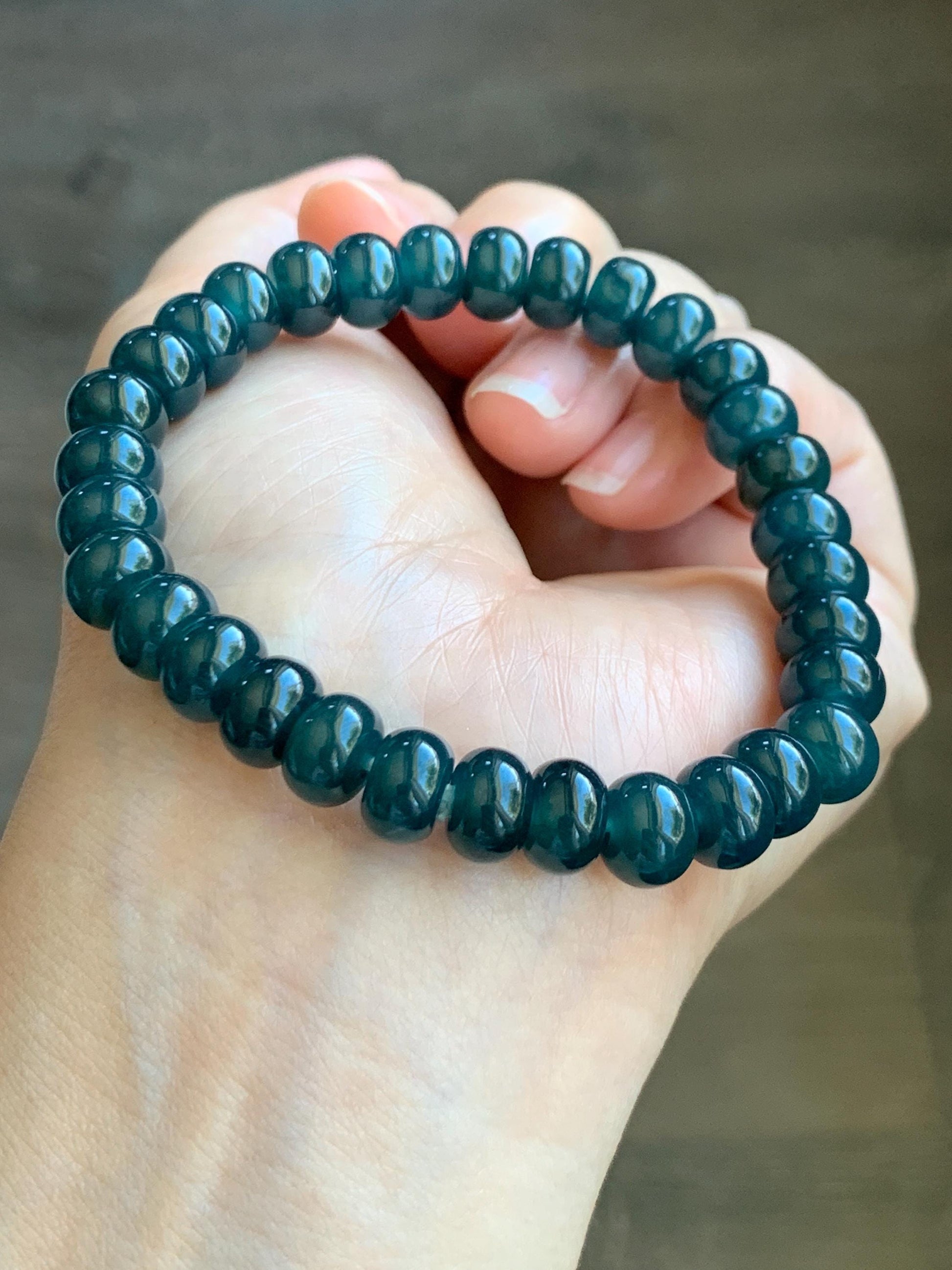Natural Grade A Guatemalan Icy Translucent Dark Aegean Blue Jade Jadeite Flat Beads Beaded Bracelet Stretchy 7.25” 天然冰危蓝深牛仔蓝翡翠算盘珠手串 SWLP150