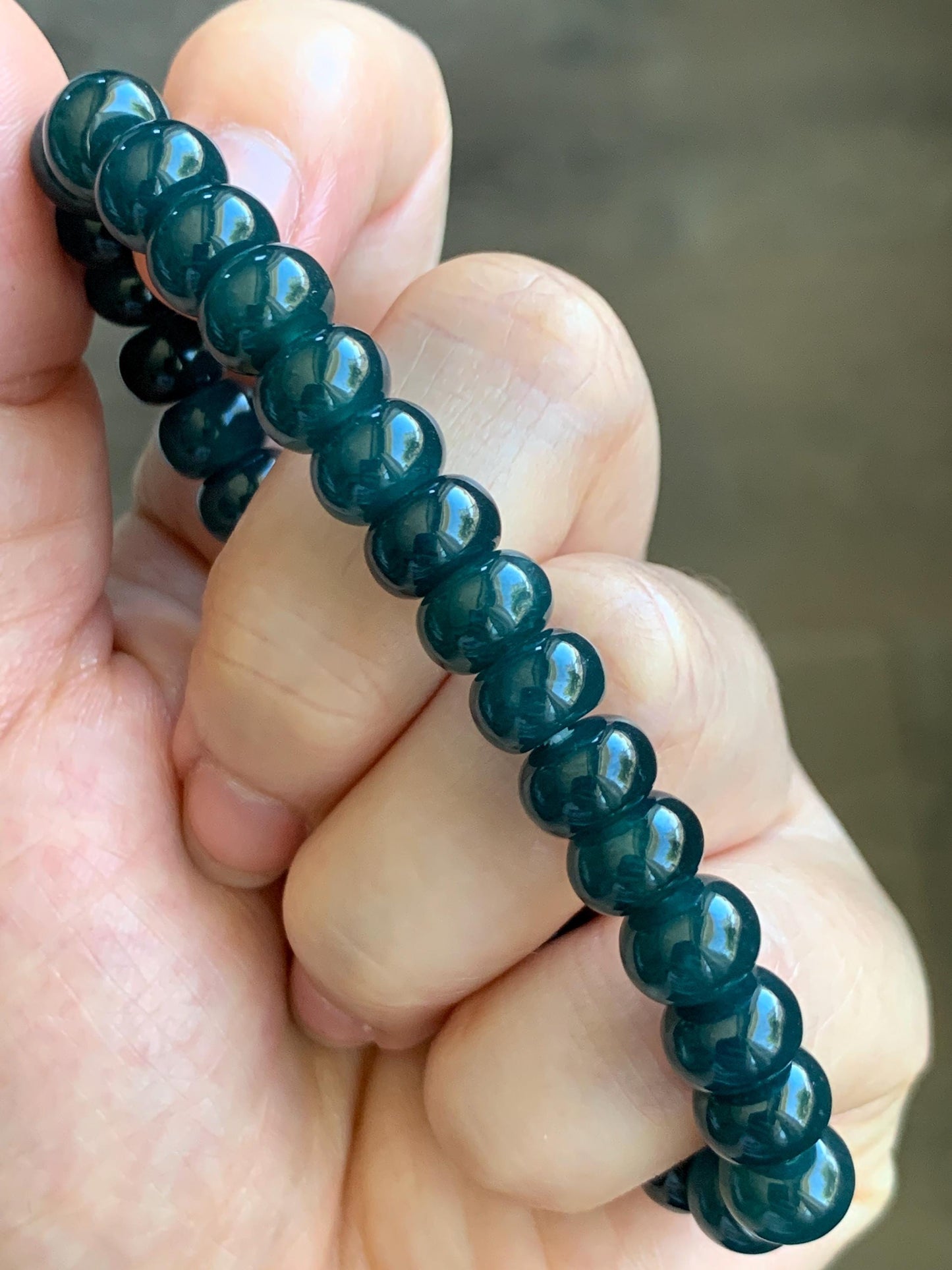 Natural Grade A Guatemalan Icy Translucent Dark Aegean Blue Jade Jadeite Flat Beads Beaded Bracelet Stretchy 7.25” 天然冰危蓝深牛仔蓝翡翠算盘珠手串 SWLP150