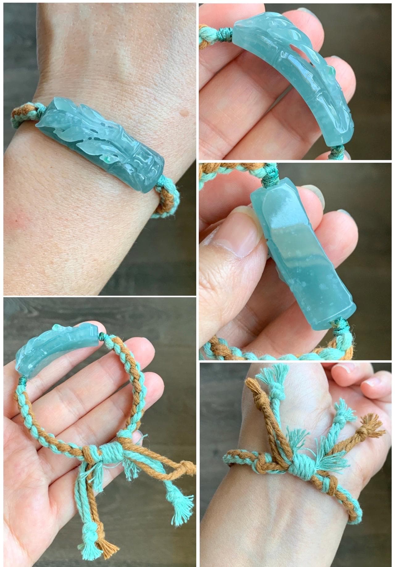 Natural Grade A Guatemalan Icy Translucent Gelatinous Light Teal Blue Jadeite Bamboo Cuff Rope Bracelet 6” 13g 天然冰胶老种危浅蓝翡翠竹节手牌手绳 QWZH195A