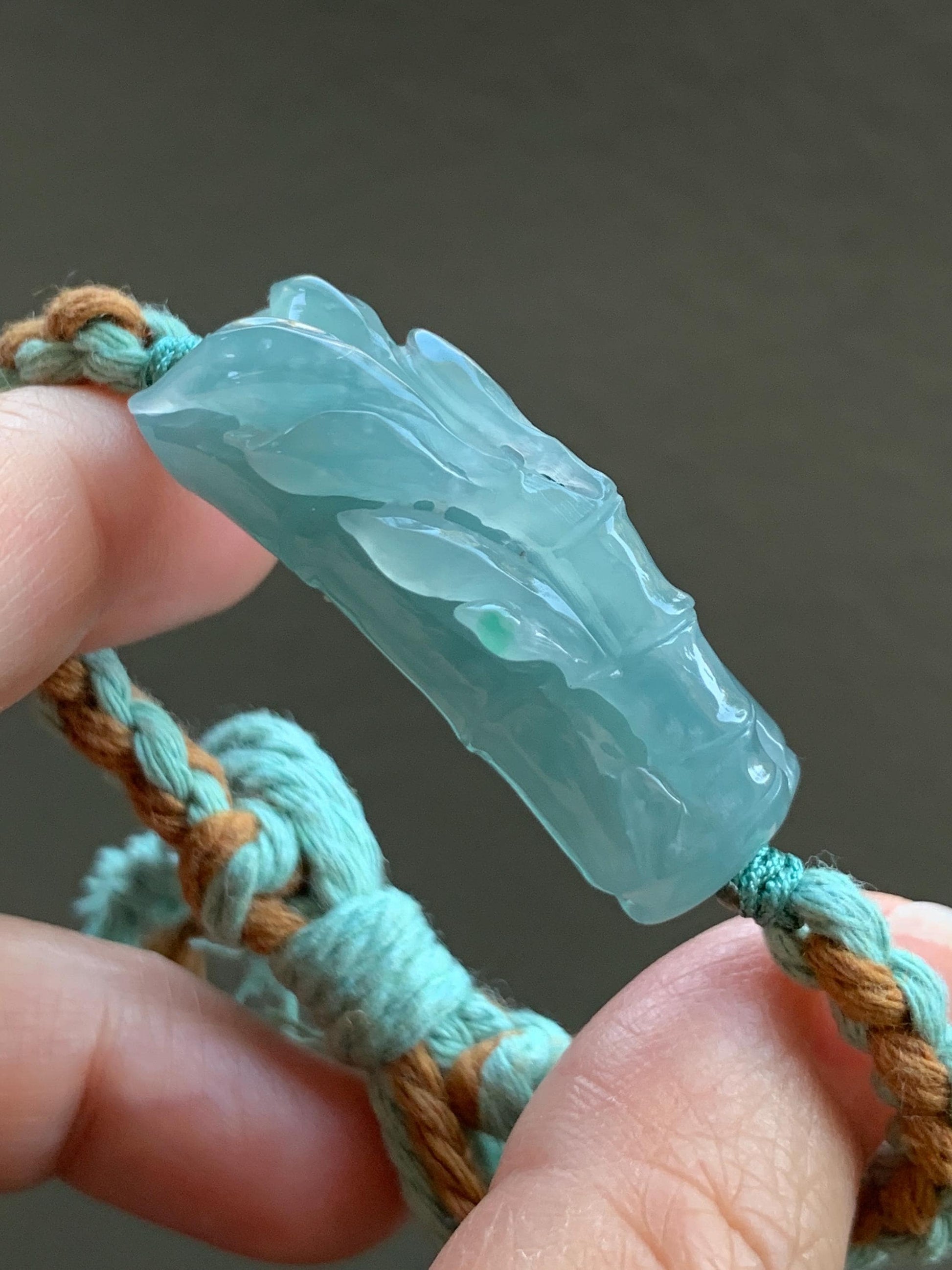 Natural Grade A Guatemalan Icy Translucent Gelatinous Light Teal Blue Jadeite Bamboo Cuff Rope Bracelet 6” 13g 天然冰胶老种危浅蓝翡翠竹节手牌手绳 QWZH195A