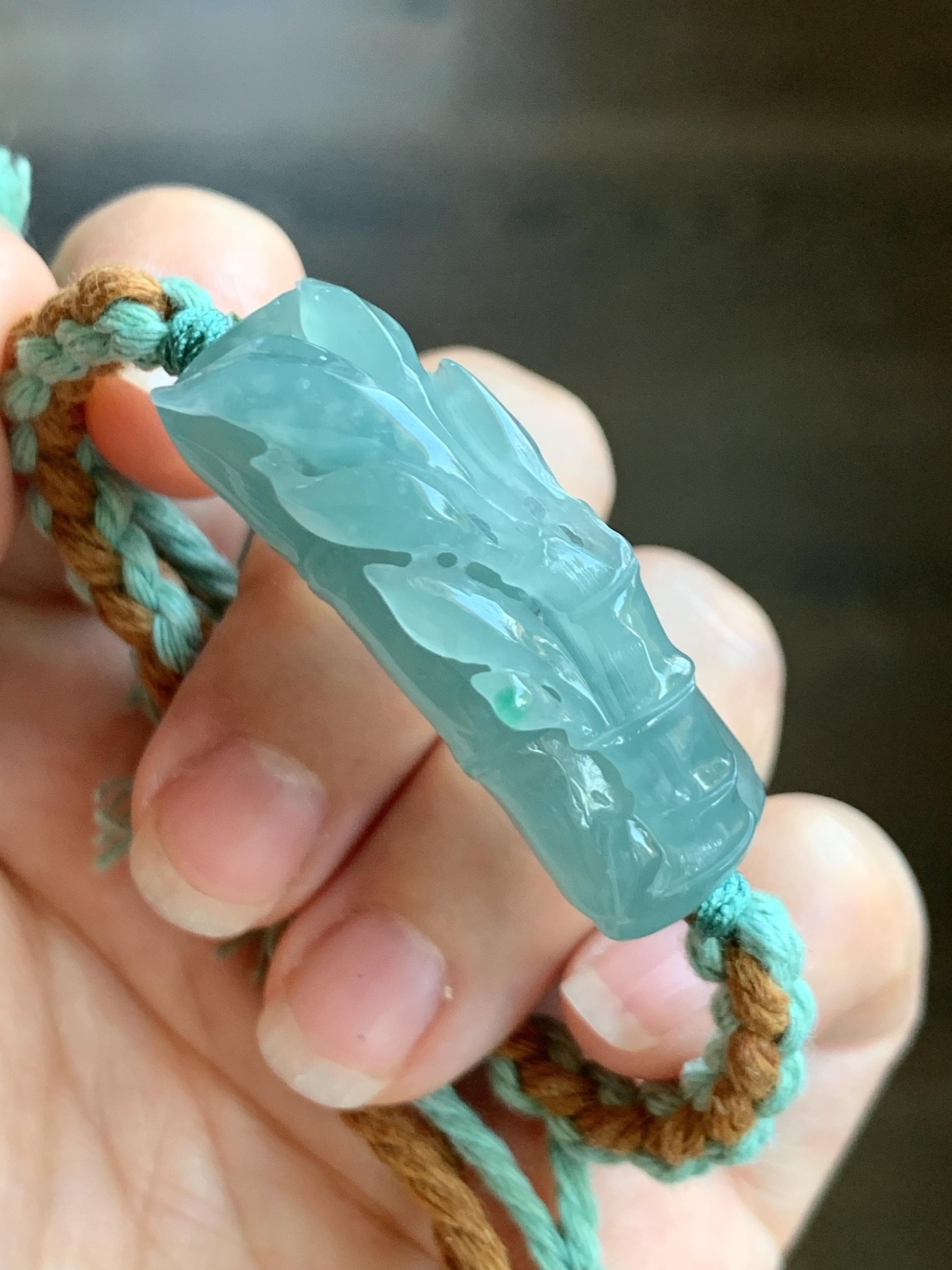 Natural Grade A Guatemalan Icy Translucent Gelatinous Light Teal Blue Jadeite Bamboo Cuff Rope Bracelet 6” 13g 天然冰胶老种危浅蓝翡翠竹节手牌手绳 QWZH195A