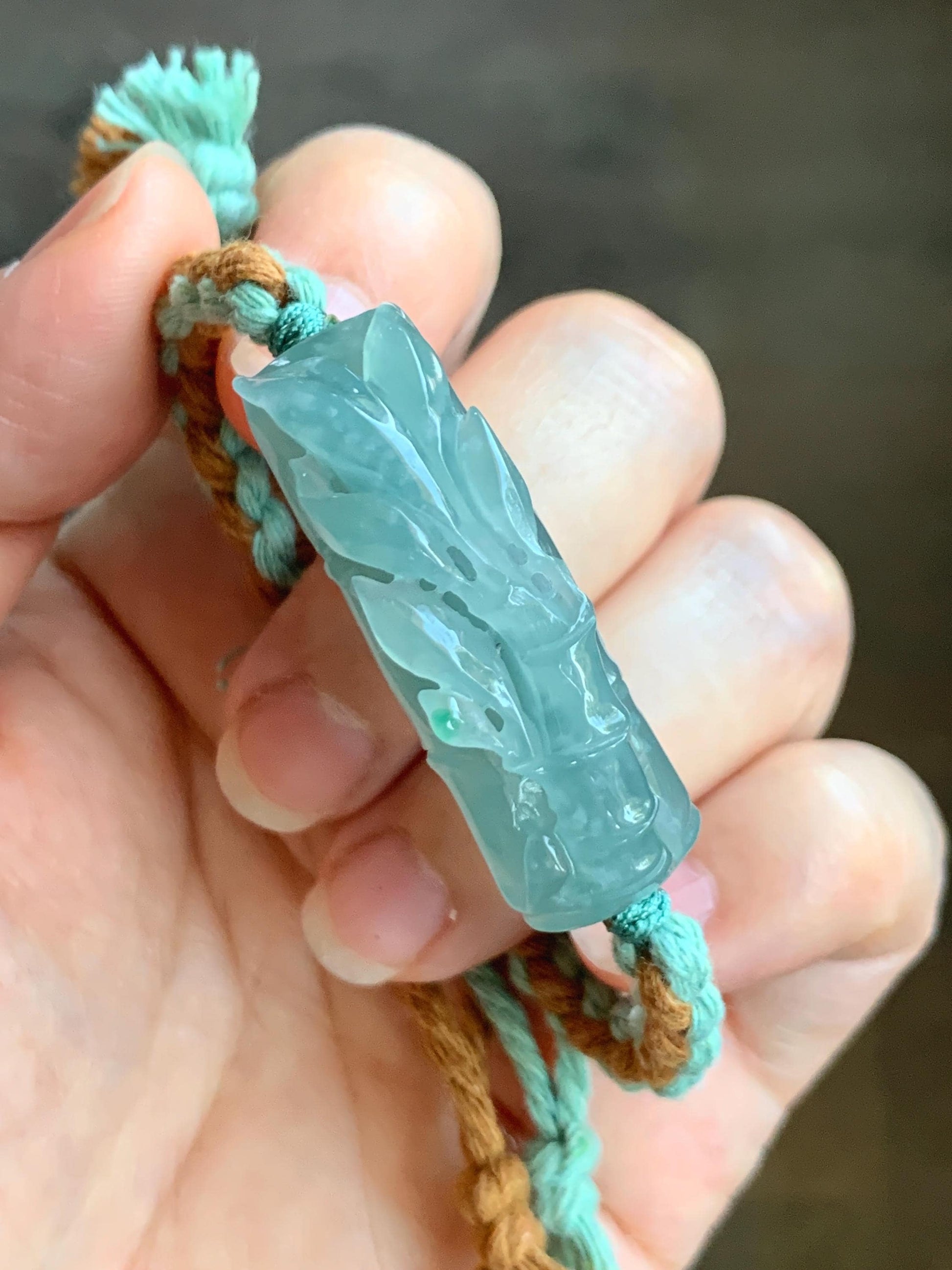Natural Grade A Guatemalan Icy Translucent Gelatinous Light Teal Blue Jadeite Bamboo Cuff Rope Bracelet 6” 13g 天然冰胶老种危浅蓝翡翠竹节手牌手绳 QWZH195A