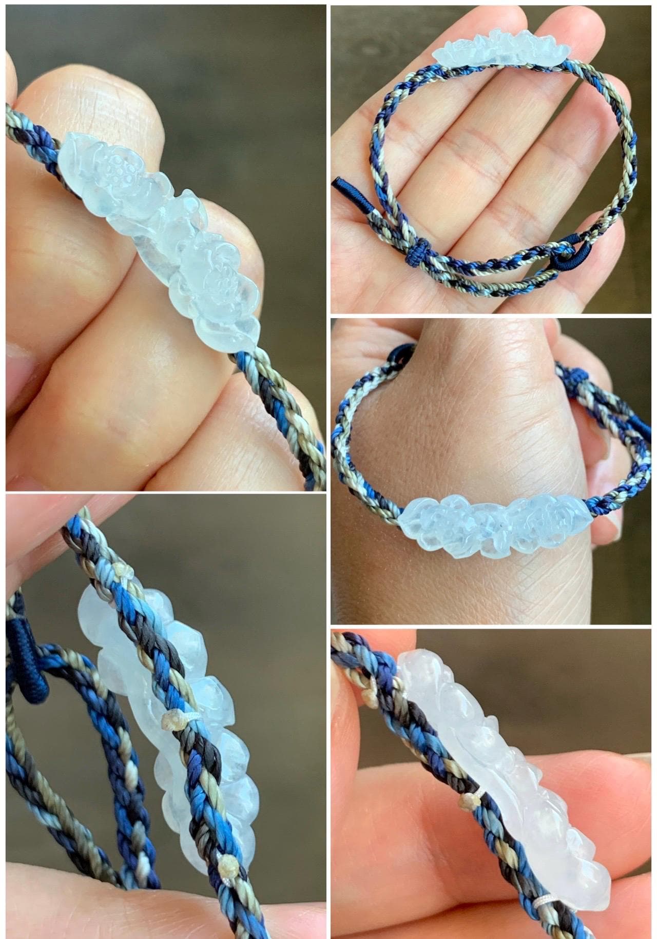 Natural Grade A Icy Highly Translucent White Jade Jadeite Carved Double Lotus Flower Rope Bracelet Adjustable 天然冰胶白翡翠双莲花手绳 MSLH130B