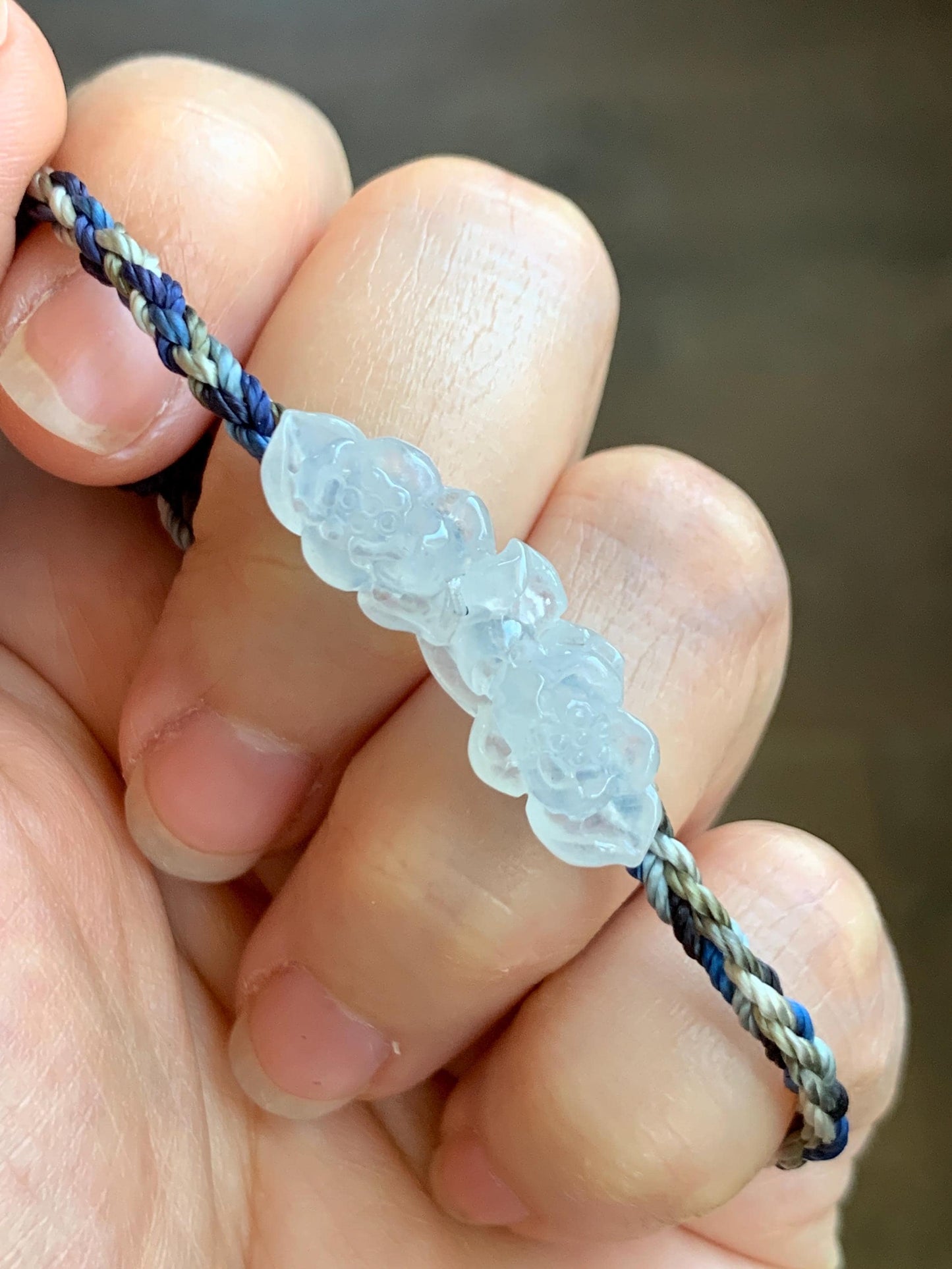 Natural Grade A Icy Highly Translucent White Jade Jadeite Carved Double Lotus Flower Rope Bracelet Adjustable 天然冰胶白翡翠双莲花手绳 MSLH130B