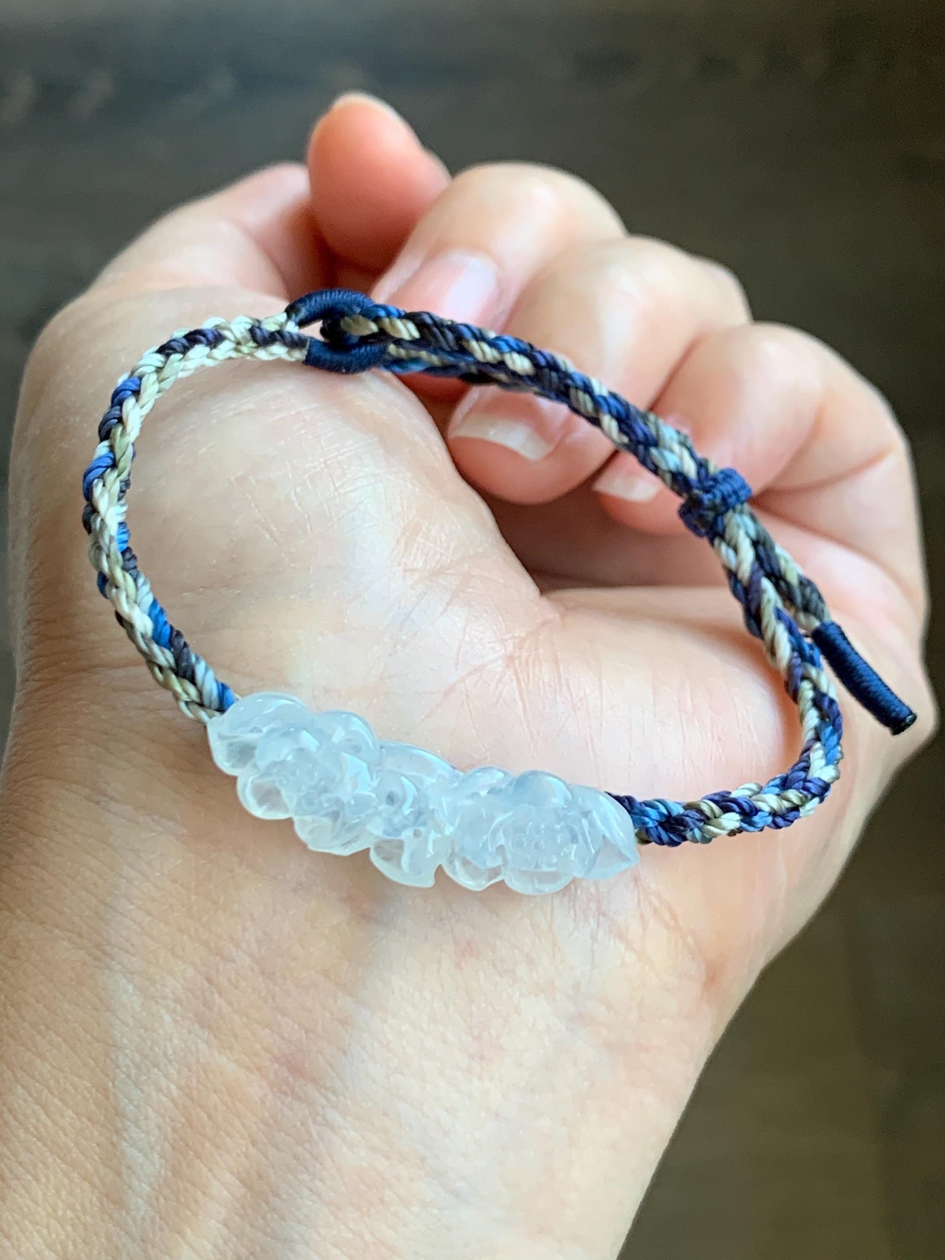 Natural Grade A Icy Highly Translucent White Jade Jadeite Carved Double Lotus Flower Rope Bracelet Adjustable 天然冰胶白翡翠双莲花手绳 MSLH130B
