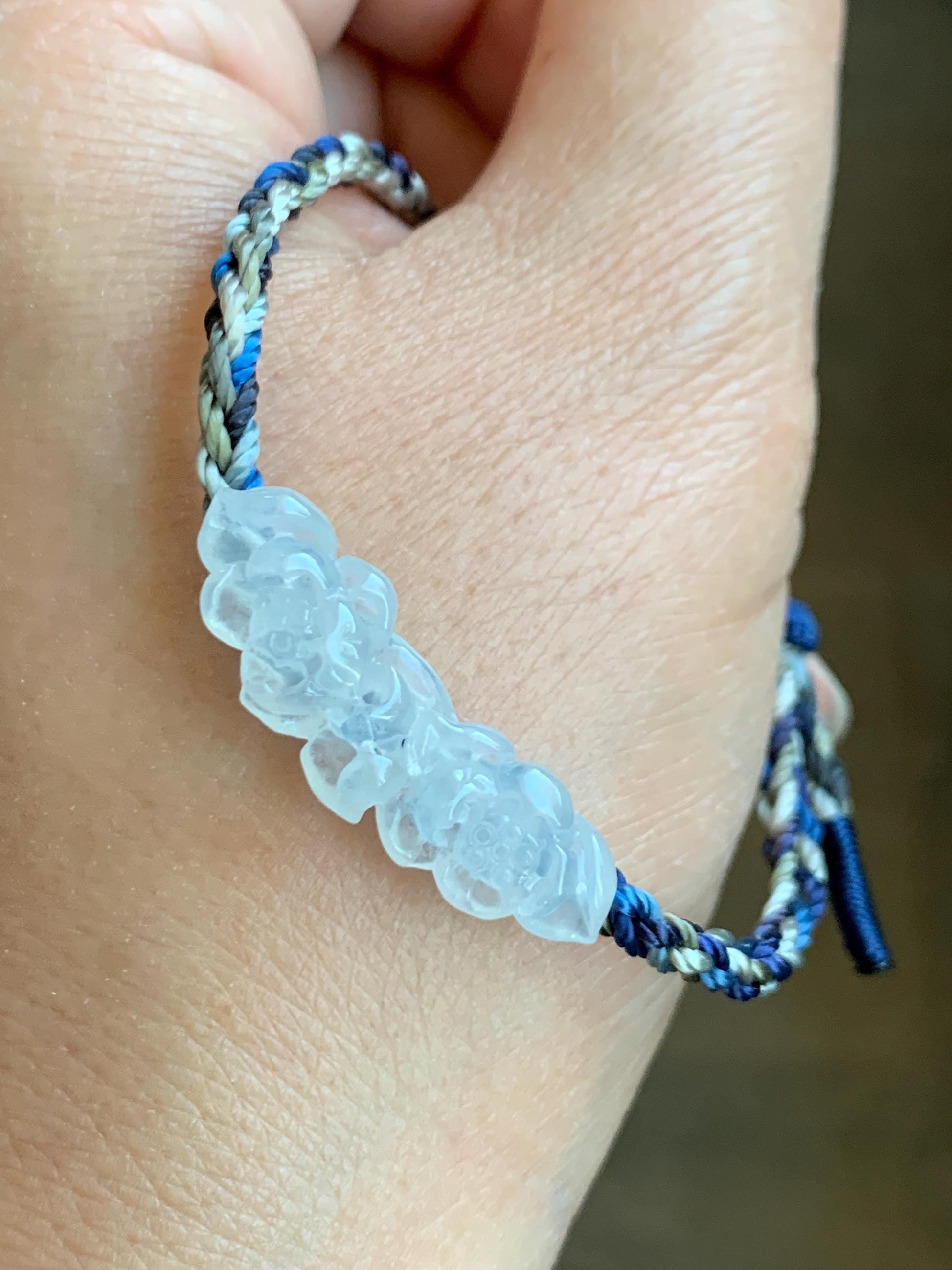 Natural Grade A Icy Highly Translucent White Jade Jadeite Carved Double Lotus Flower Rope Bracelet Adjustable 天然冰胶白翡翠双莲花手绳 MSLH130B
