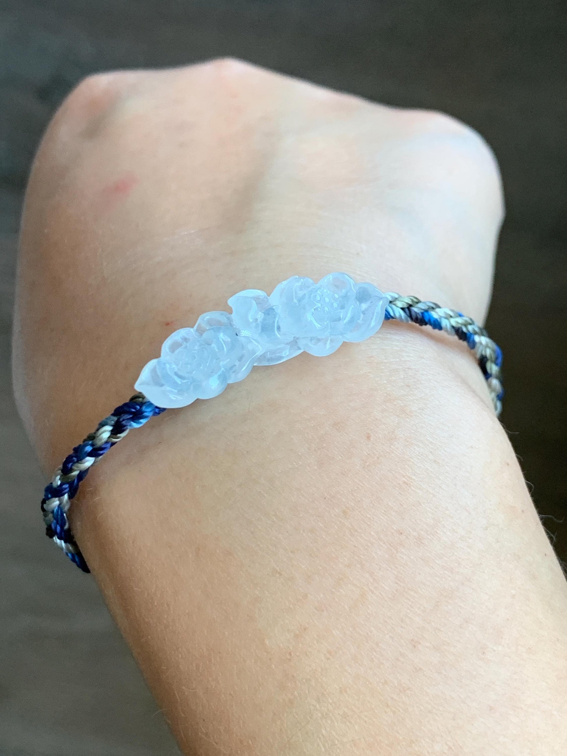Natural Grade A Icy Highly Translucent White Jade Jadeite Carved Double Lotus Flower Rope Bracelet Adjustable 天然冰胶白翡翠双莲花手绳 MSLH130B
