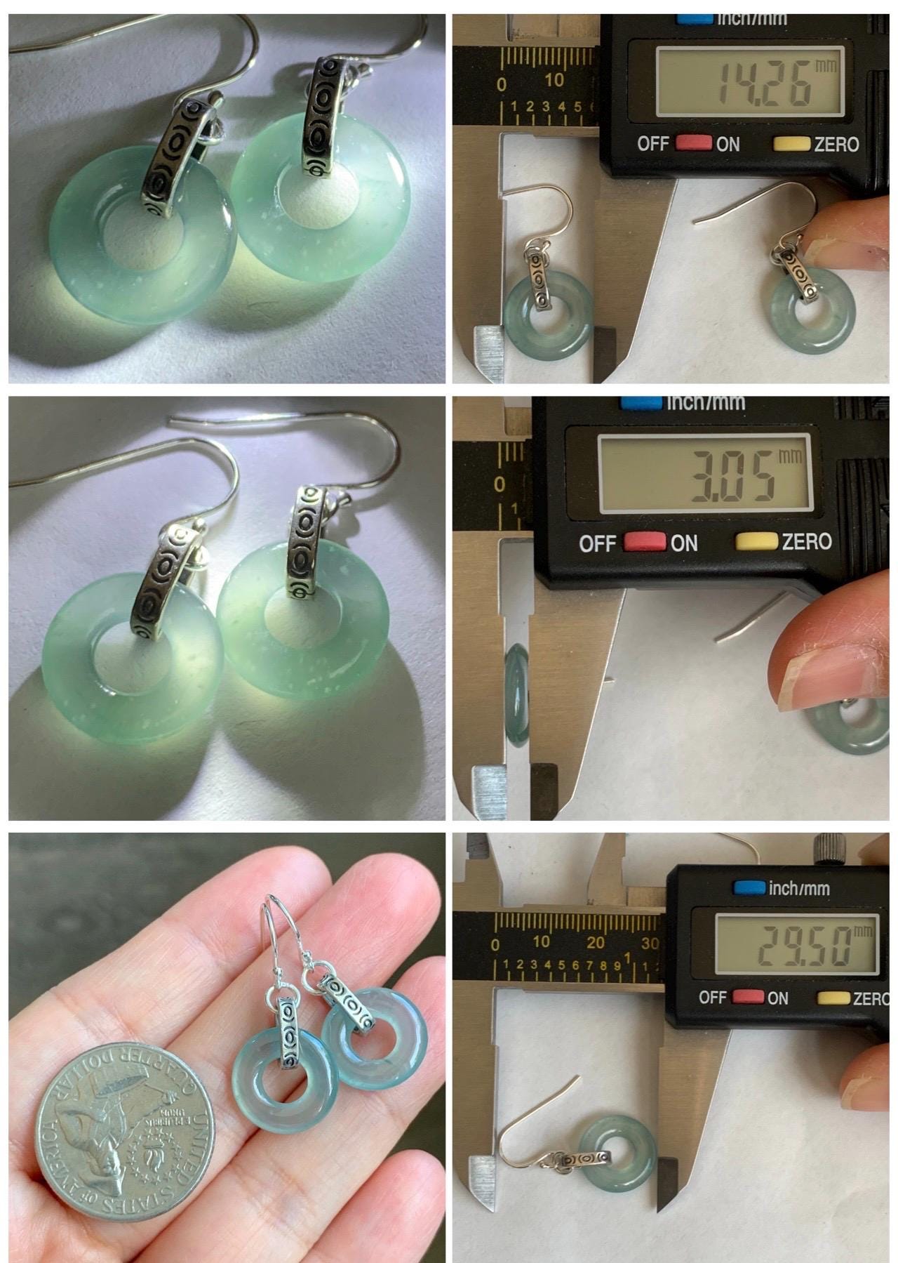 Natural Grade A Guatemalan Icy Highly Translucent Teal Jade Jadeite Ping An Kou Donut Ring Earrings Sterling Silver 天然起光冰危淡晴翡翠平安扣耳钩 GWK80A