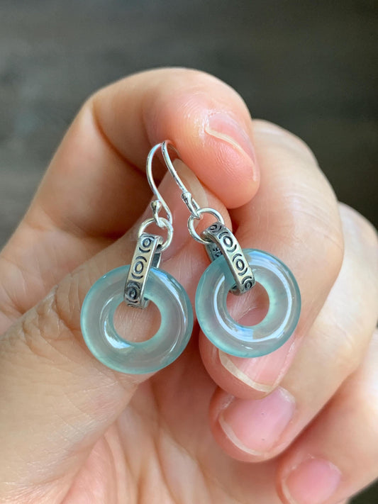 Natural Grade A Guatemalan Icy Highly Translucent Teal Jade Jadeite Ping An Kou Donut Ring Earrings Sterling Silver 天然起光冰危淡晴翡翠平安扣耳钩 GWK80A