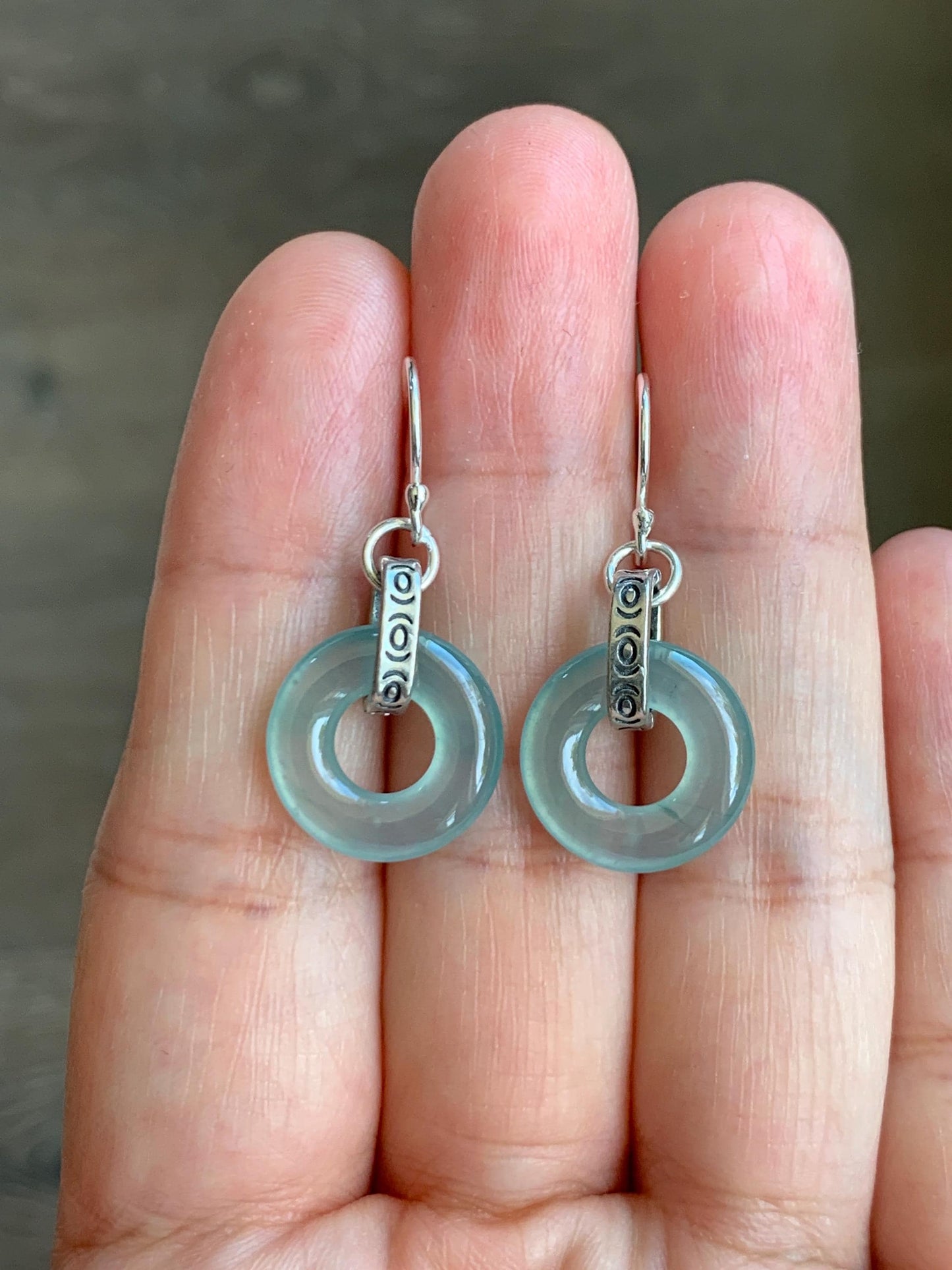 Natural Grade A Guatemalan Icy Highly Translucent Teal Jade Jadeite Ping An Kou Donut Ring Earrings Sterling Silver 天然起光冰危淡晴翡翠平安扣耳钩 GWK80A
