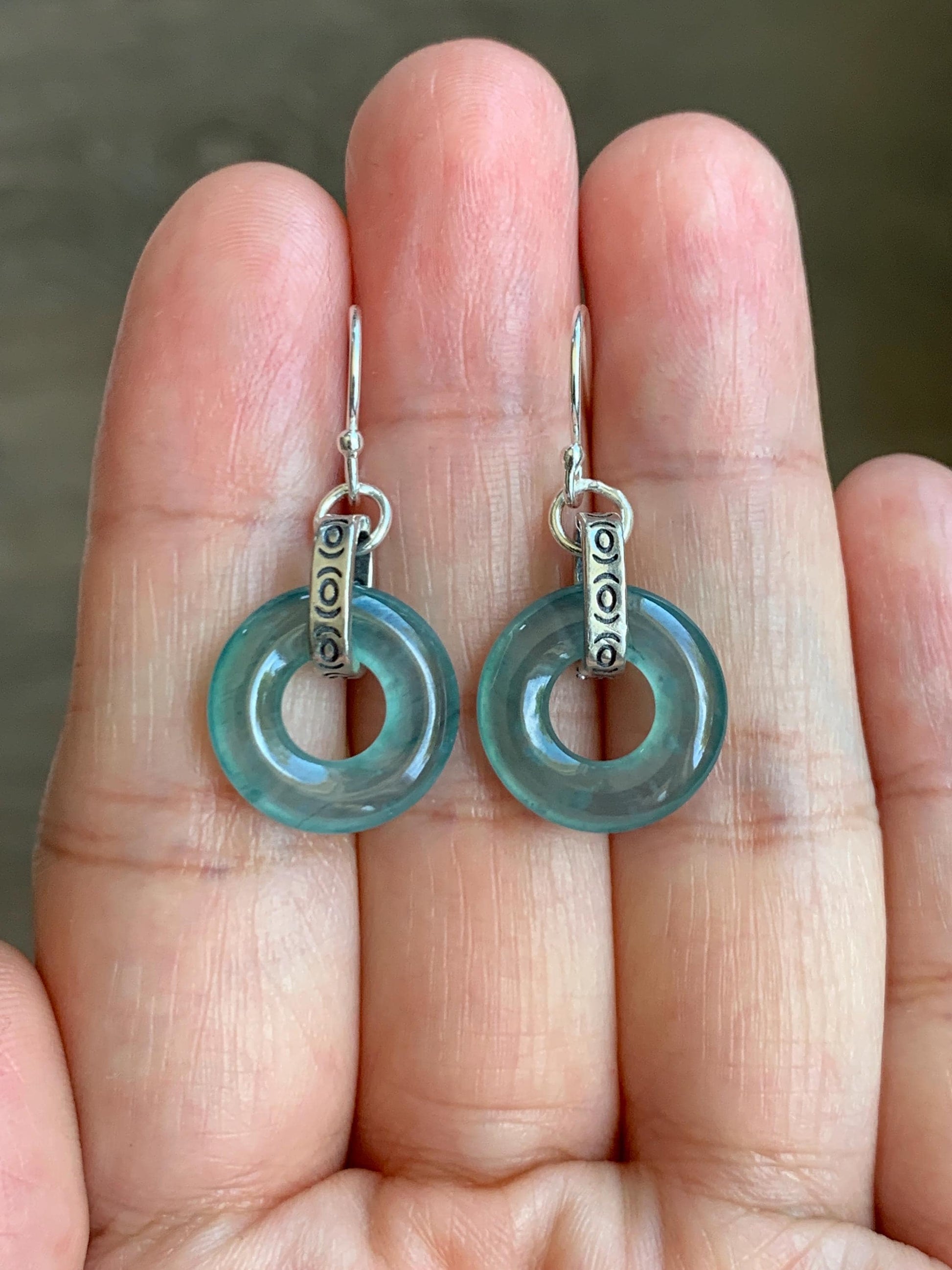 Natural Grade A Guatemalan Icy Highly Translucent Teal Jade Jadeite Ping An Kou Donut Ring Earrings Sterling Silver 天然起光冰危晴蓝翡翠平安扣耳钩 GWK80B