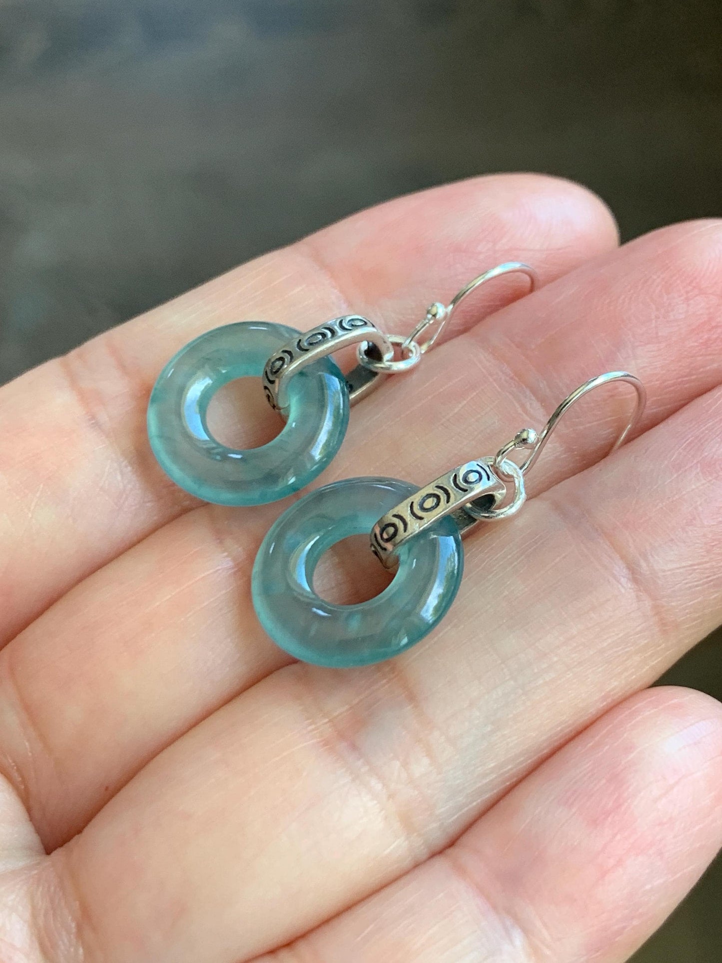 Natural Grade A Guatemalan Icy Highly Translucent Teal Jade Jadeite Ping An Kou Donut Ring Earrings Sterling Silver 天然起光冰危晴蓝翡翠平安扣耳钩 GWK80B