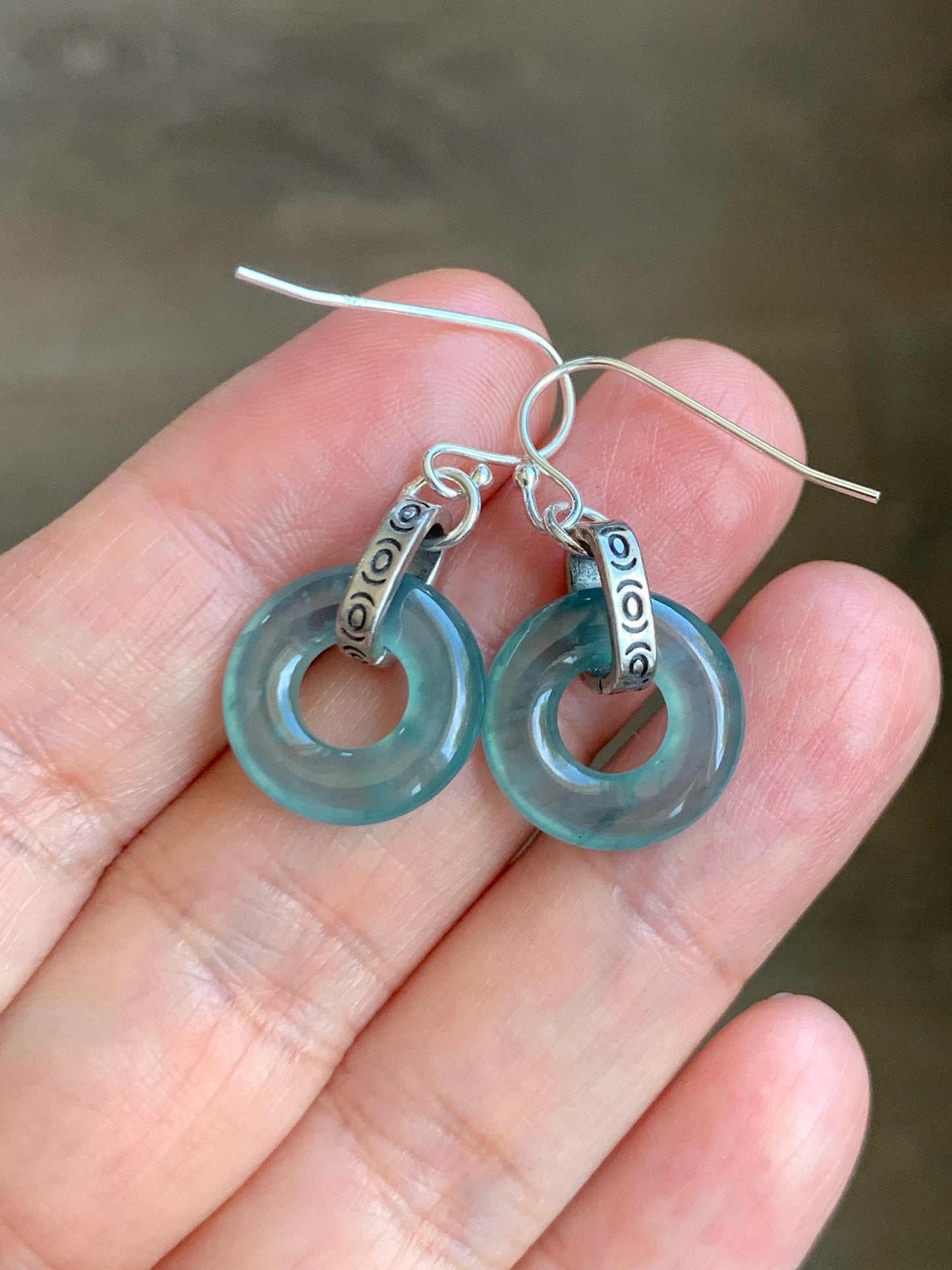 Natural Grade A Guatemalan Icy Highly Translucent Teal Jade Jadeite Ping An Kou Donut Ring Earrings Sterling Silver 天然起光冰危晴蓝翡翠平安扣耳钩 GWK80B