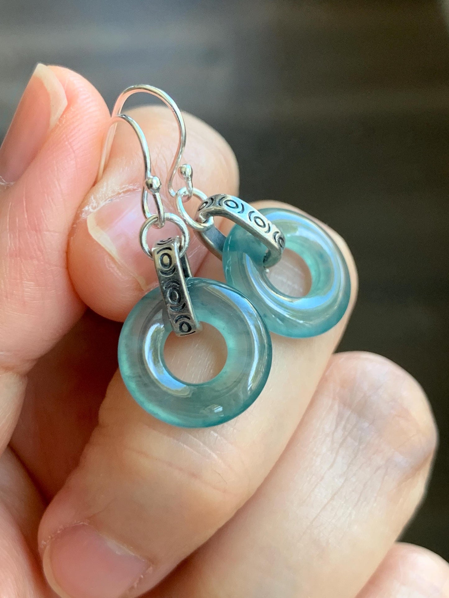 Natural Grade A Guatemalan Icy Highly Translucent Teal Jade Jadeite Ping An Kou Donut Ring Earrings Sterling Silver 天然起光冰危晴蓝翡翠平安扣耳钩 GWK80B
