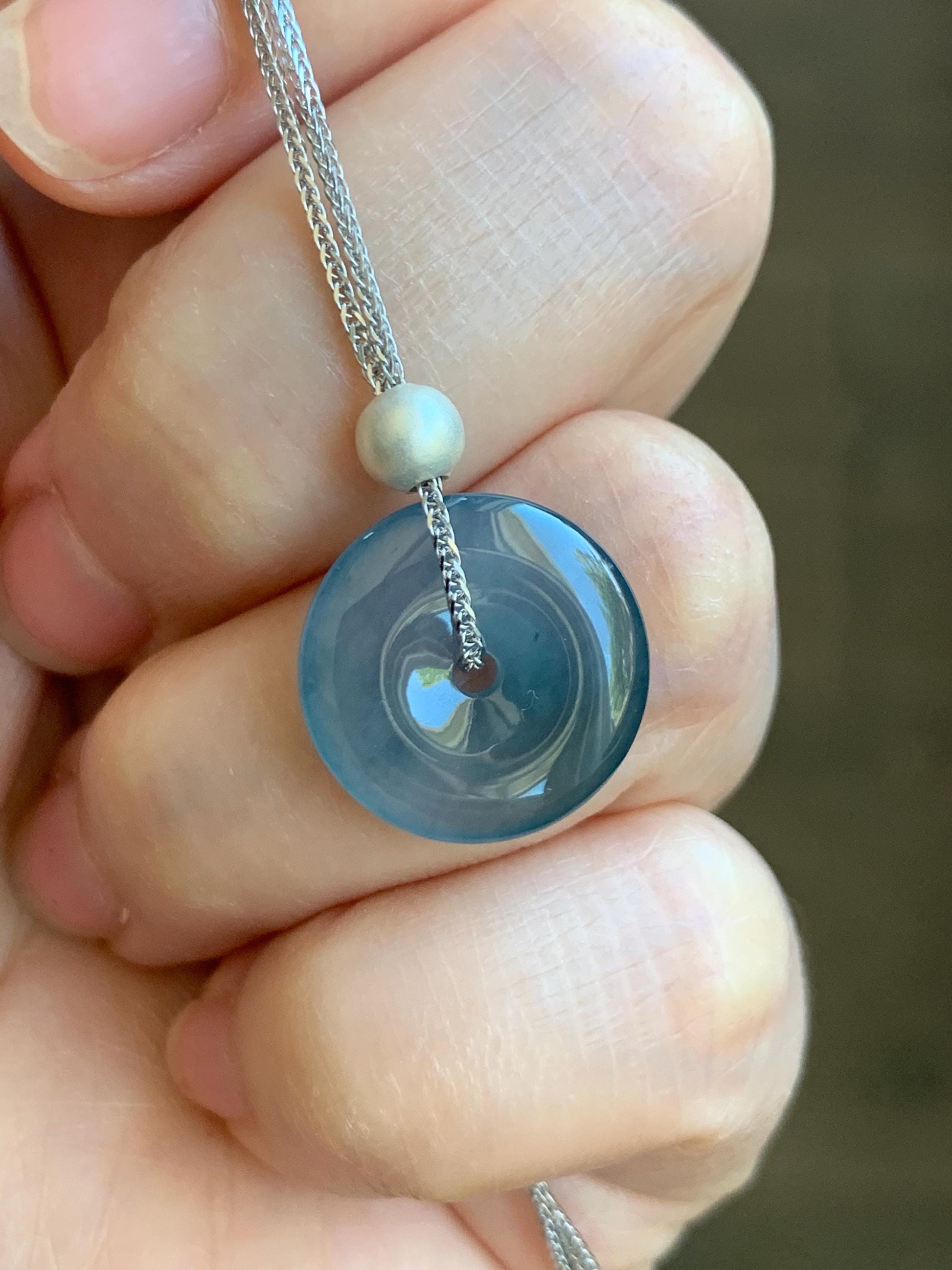 Natural Guatemalan Icy Translucent Dark Blue Jade Jadeite Ping An Kou Donut Pendant Sterling Silver Necklace 16” 天然老种冰危蓝紫翡翠平安扣吊坠项链 MWK130A